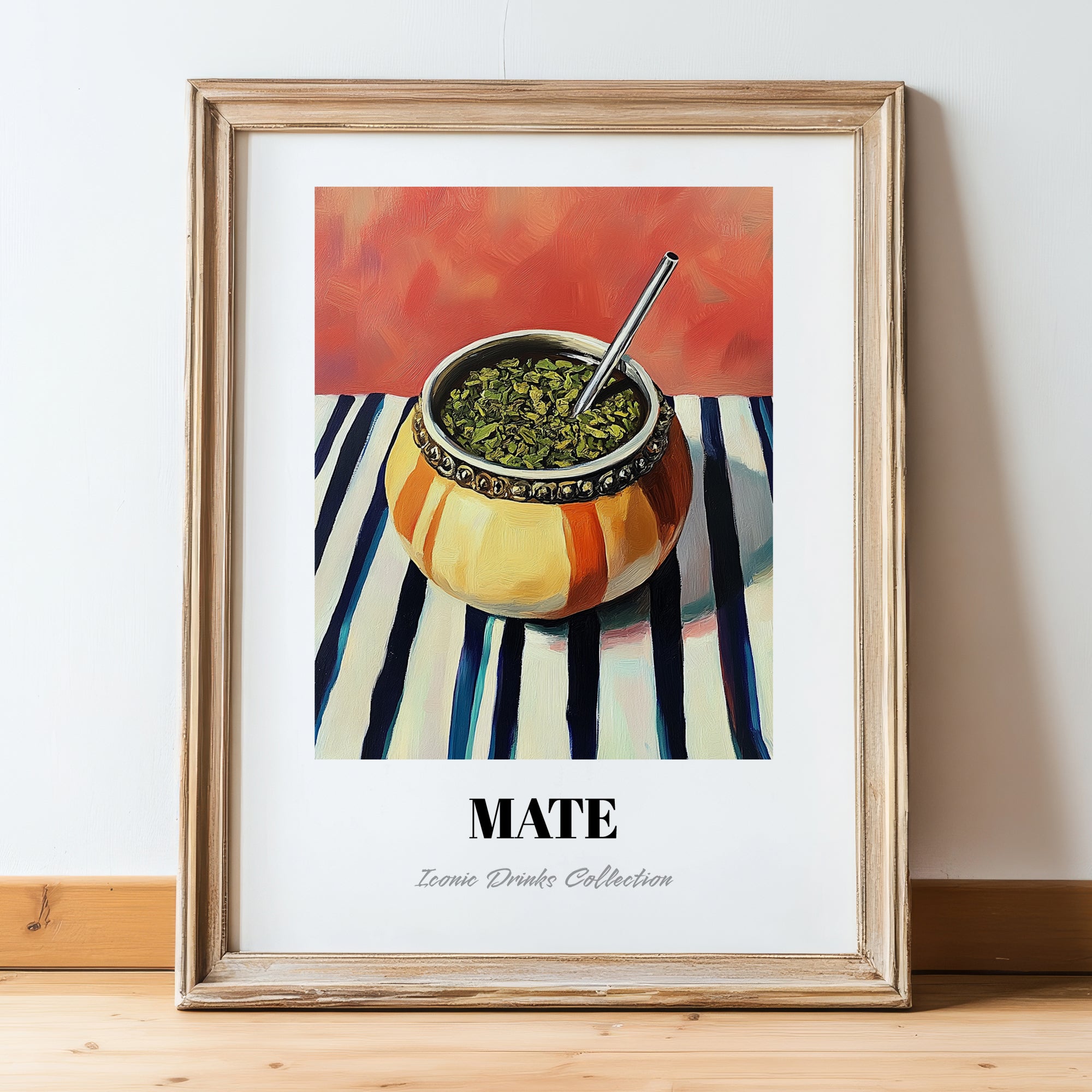 Maté – on Striped Tablecloth, Uruguayan Cocktail Painting, in wooden frame leaning on the floor