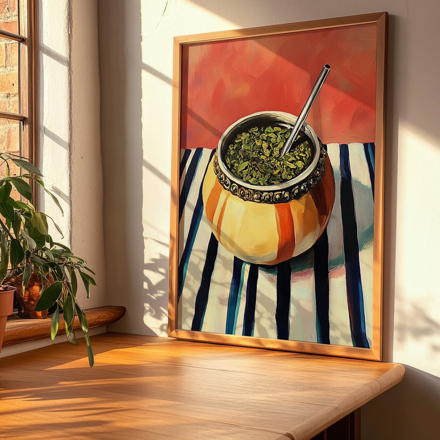 Maté – on Striped Tablecloth, Uruguayan Cocktail Painting, clean layout with no caption
