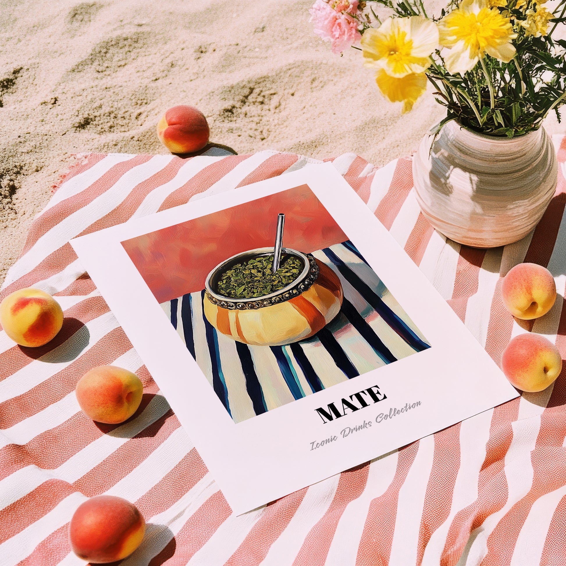 Maté – on Striped Tablecloth, Uruguayan Cocktail Painting, unframed on coastal sand