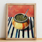 Maté – on Striped Tablecloth, Uruguayan Cocktail Painting, no-text version framed in wood