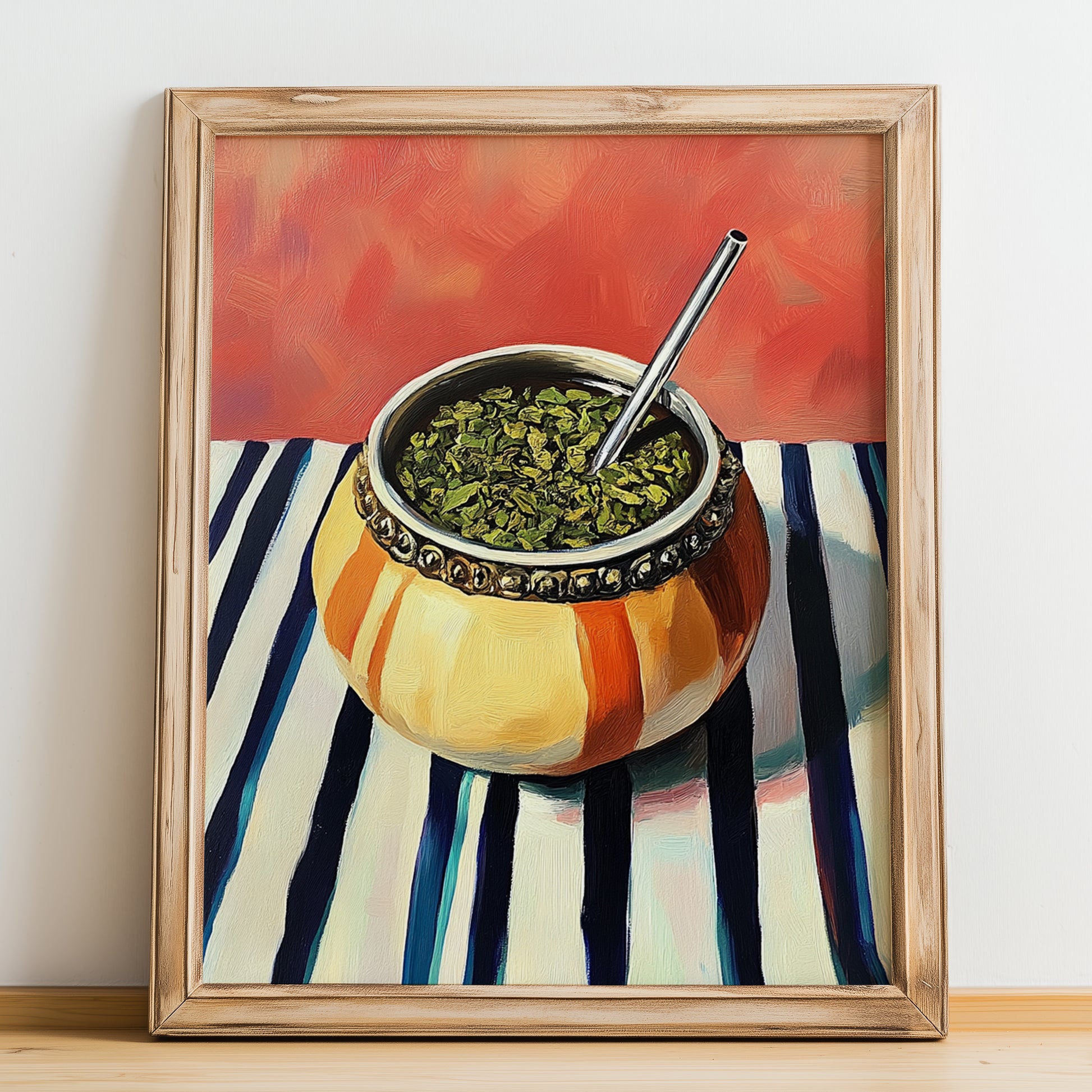 Maté – on Striped Tablecloth, Uruguayan Cocktail Painting, no-text version framed in wood
