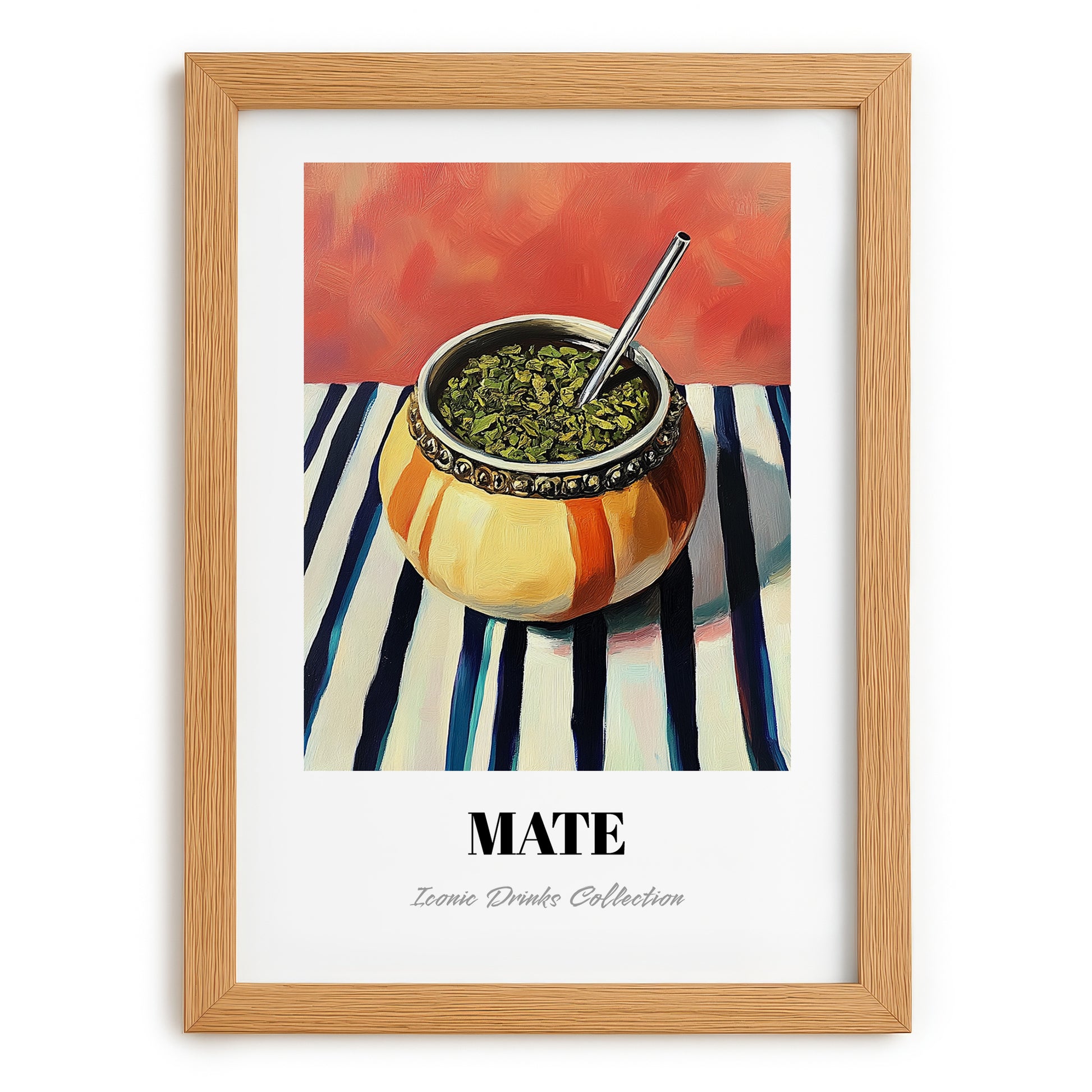 Maté – on Striped Tablecloth, Uruguayan Cocktail Painting, set in oak frame