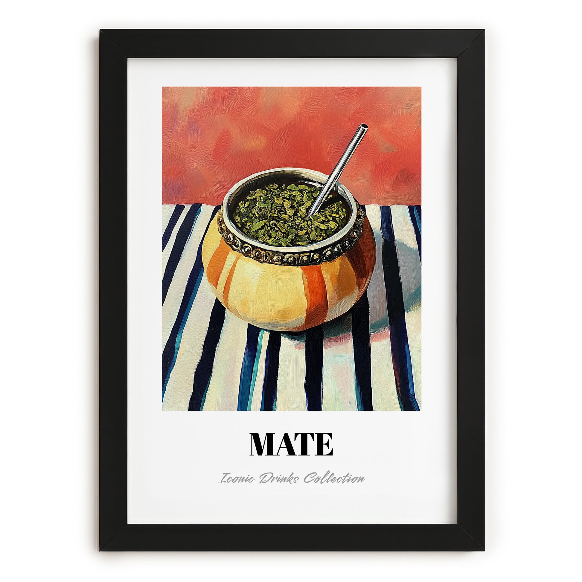 Maté – on Striped Tablecloth, Uruguayan Cocktail Painting, in sleek black frame