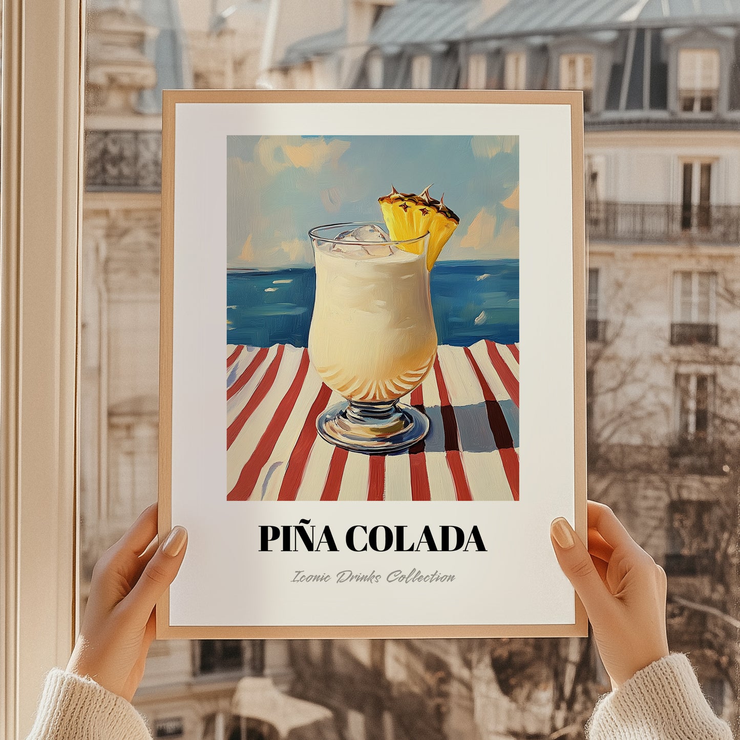 Piña Colada – Puerto Rican Coastal Café Moment, Puerto Rican Cocktail Poster, styled in a charming Paris street view