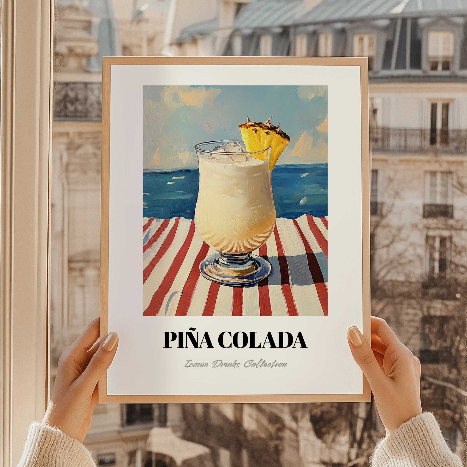 Piña Colada – Puerto Rican Coastal Café Moment, Puerto Rican Cocktail Poster, styled in a charming Paris street view