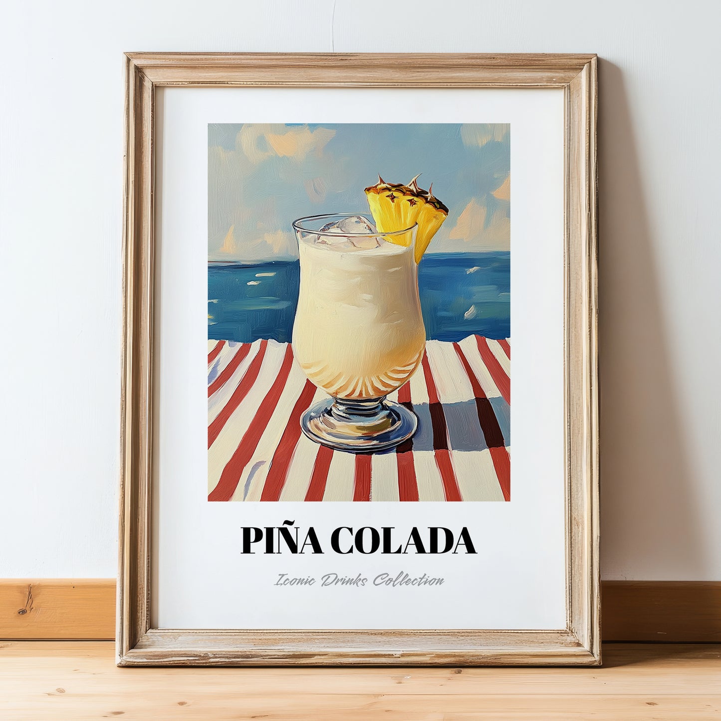 Piña Colada – Puerto Rican Coastal Café Moment, Puerto Rican Cocktail Poster, in wooden frame leaning on the floor