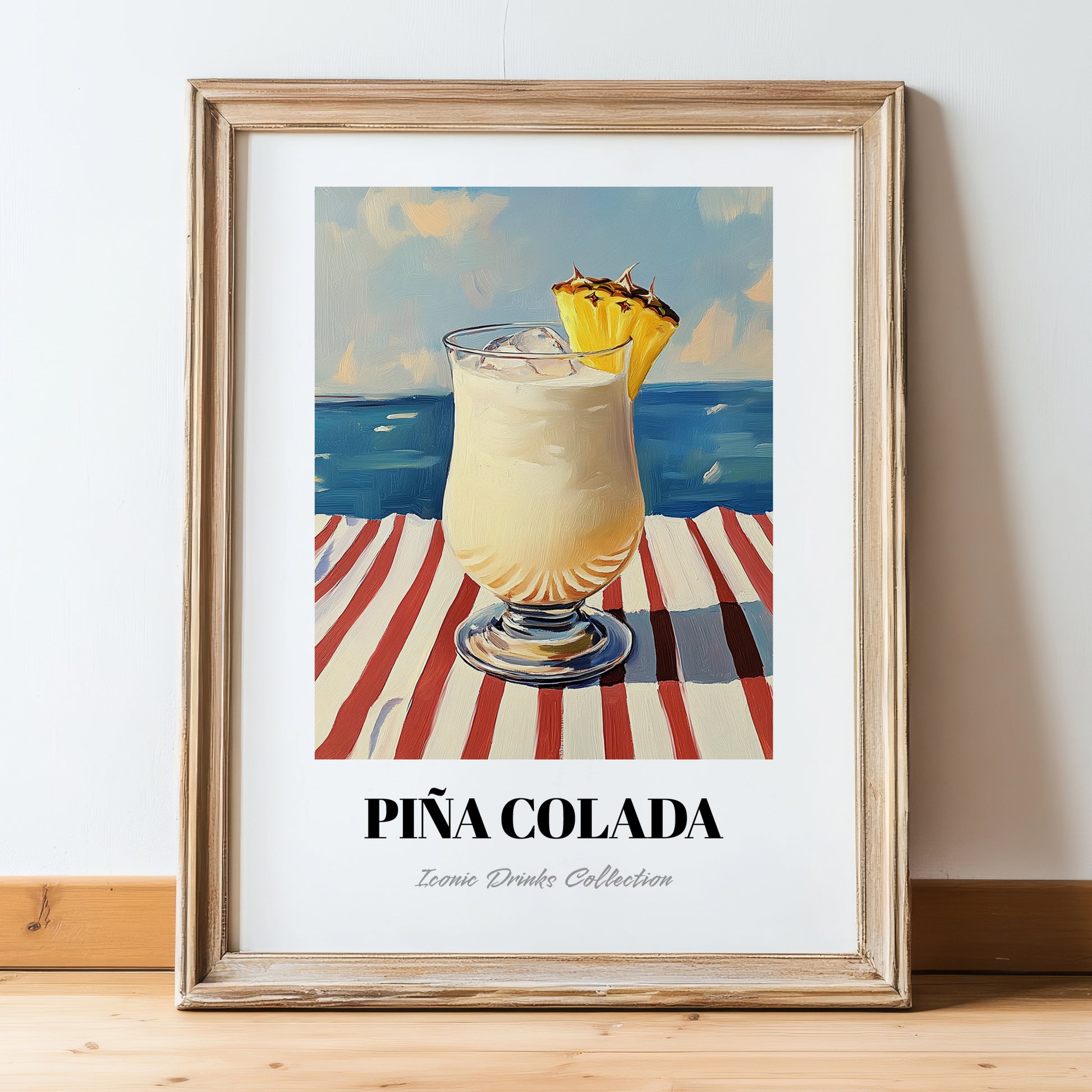 Piña Colada – Puerto Rican Coastal Café Moment, Puerto Rican Cocktail Poster, in wooden frame leaning on the floor