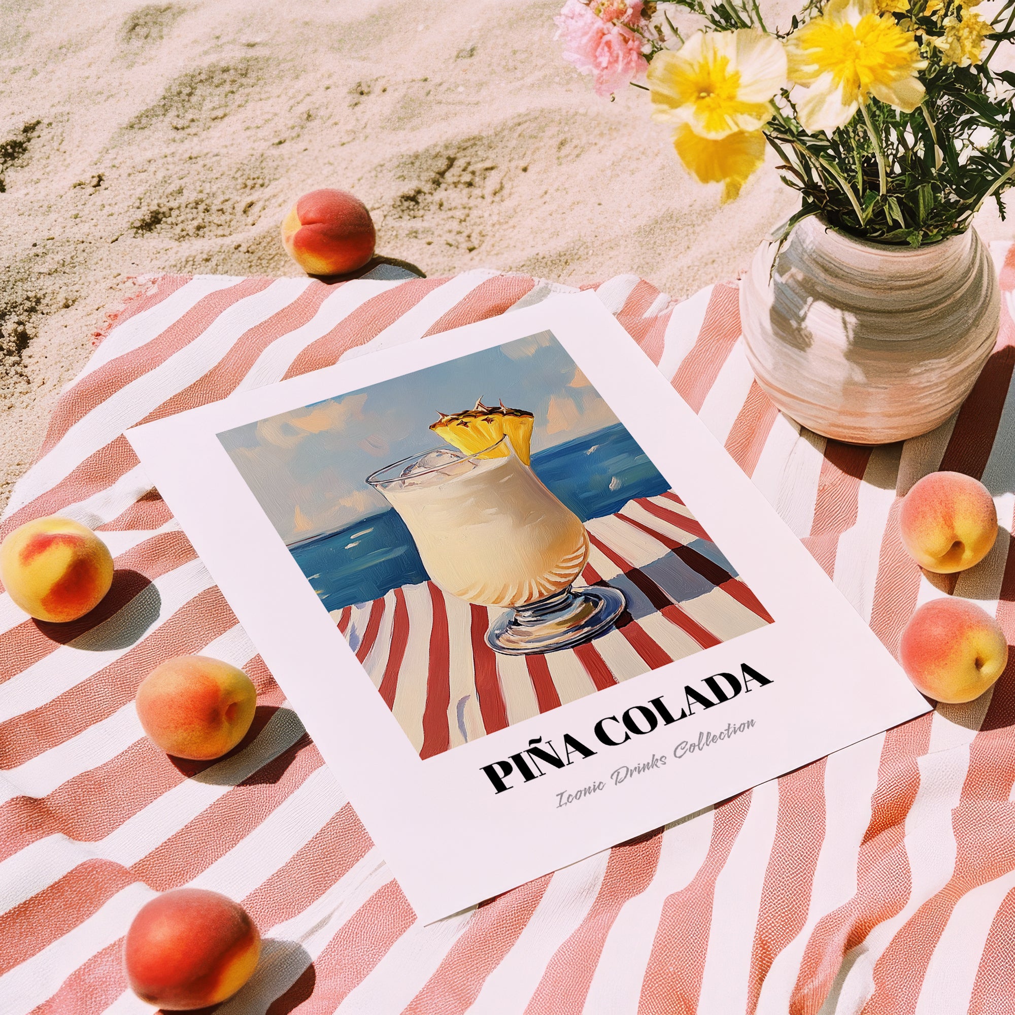 Piña Colada – Puerto Rican Coastal Café Moment, Puerto Rican Cocktail Poster, unframed on coastal sand