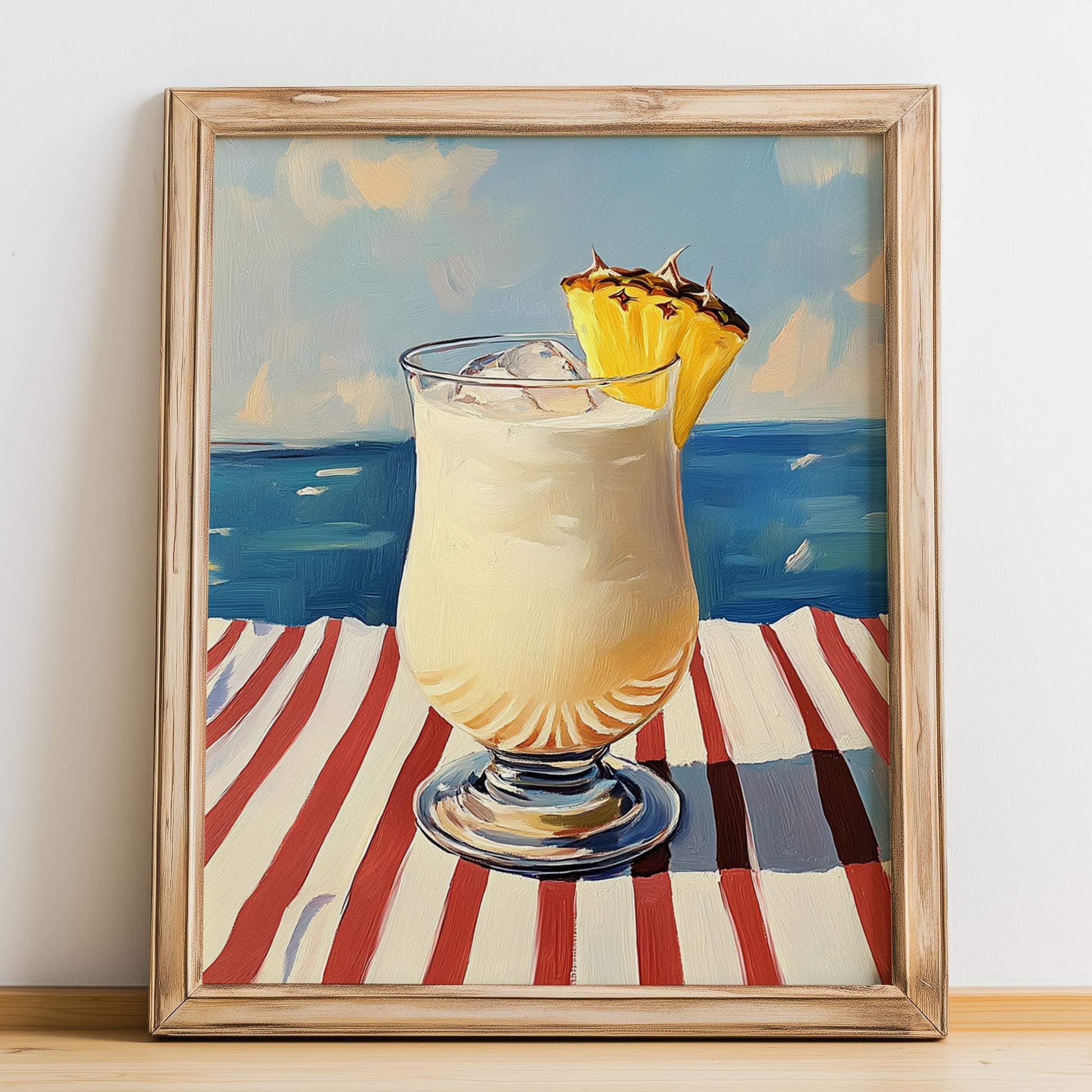 Piña Colada – Puerto Rican Coastal Café Moment, Puerto Rican Cocktail Poster, no-text version framed in wood