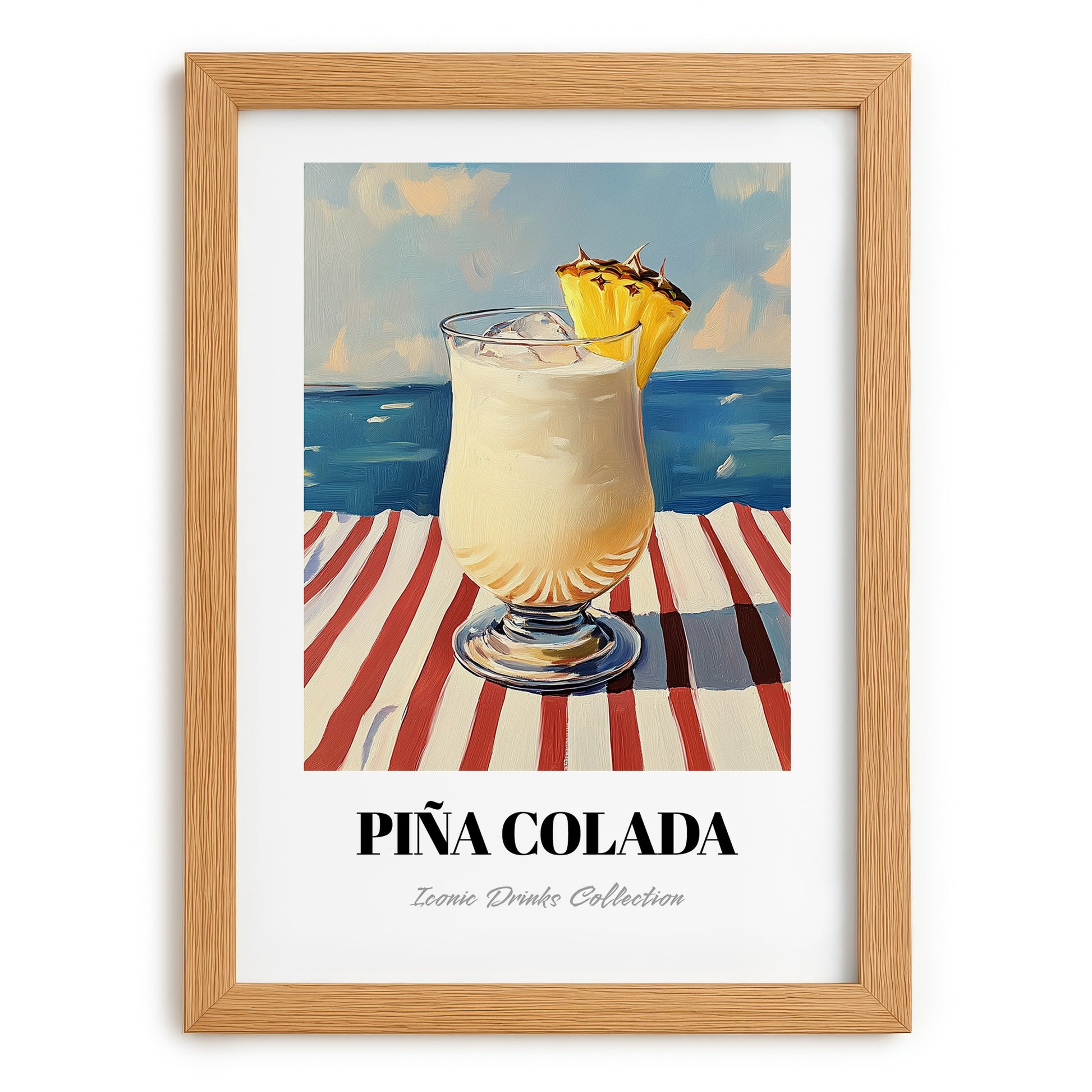 Piña Colada – Puerto Rican Coastal Café Moment, Puerto Rican Cocktail Poster, set in oak frame