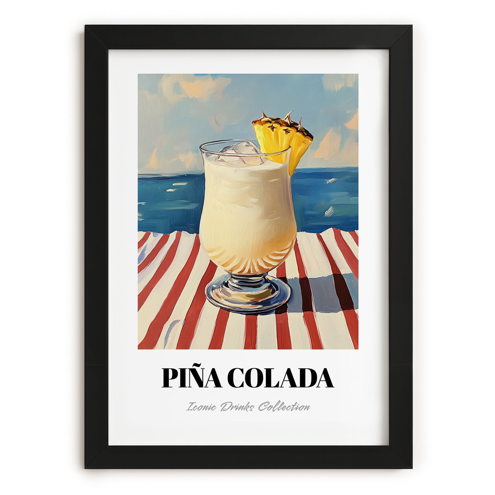 Piña Colada – Puerto Rican Coastal Café Moment, Puerto Rican Cocktail Poster, in sleek black frame