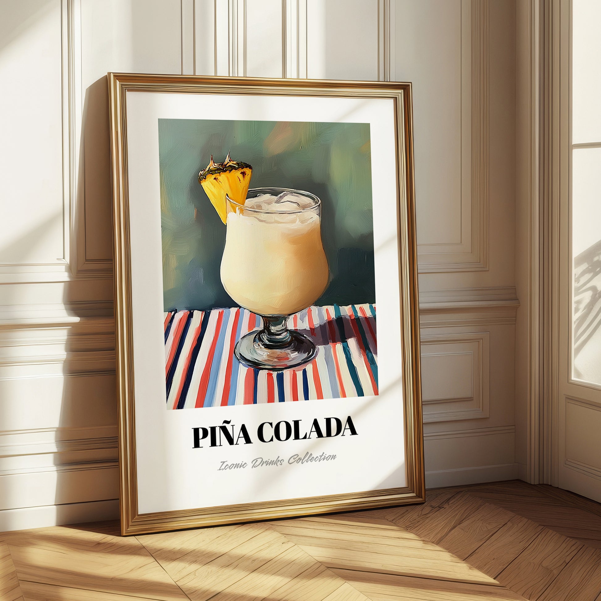 Piña Colada – on Striped Tablecloth, Puerto Rican Cocktail Wall Painting