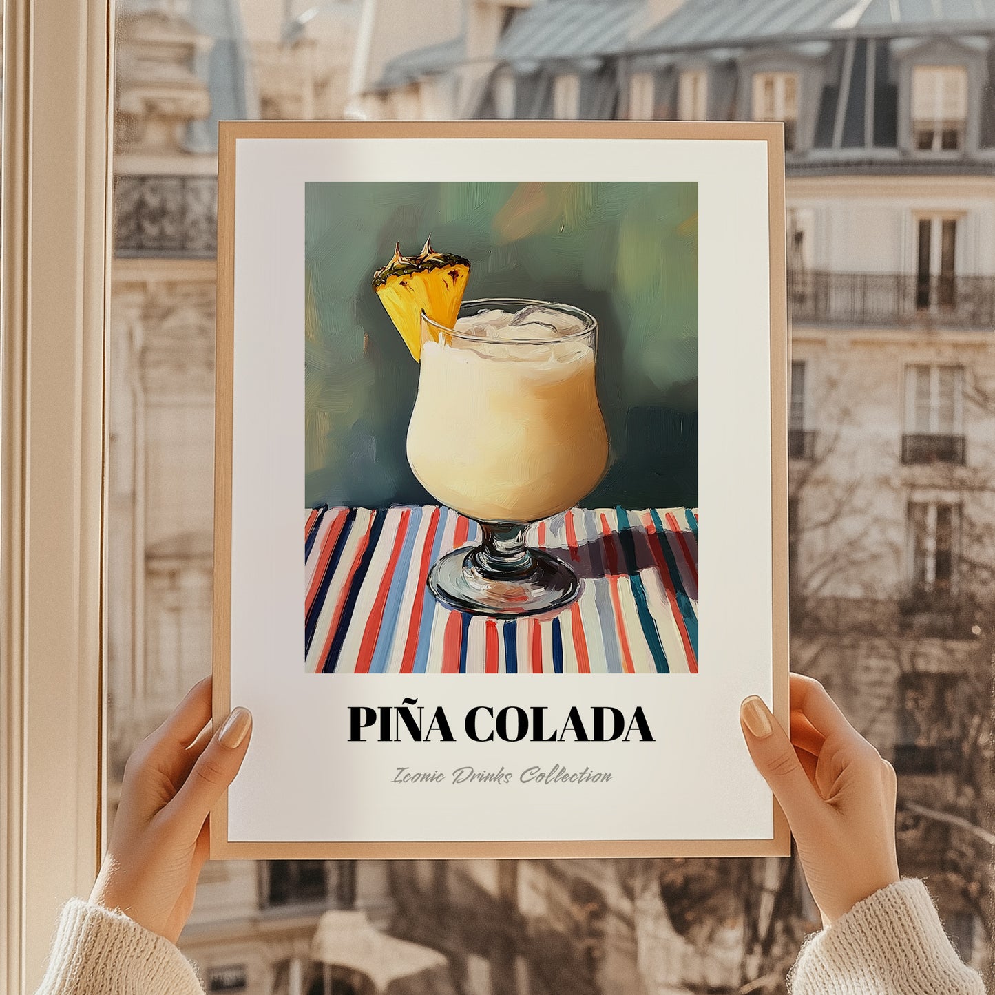 Piña Colada – on Striped Tablecloth, Puerto Rican Cocktail Wall Painting, styled in a charming Paris street view