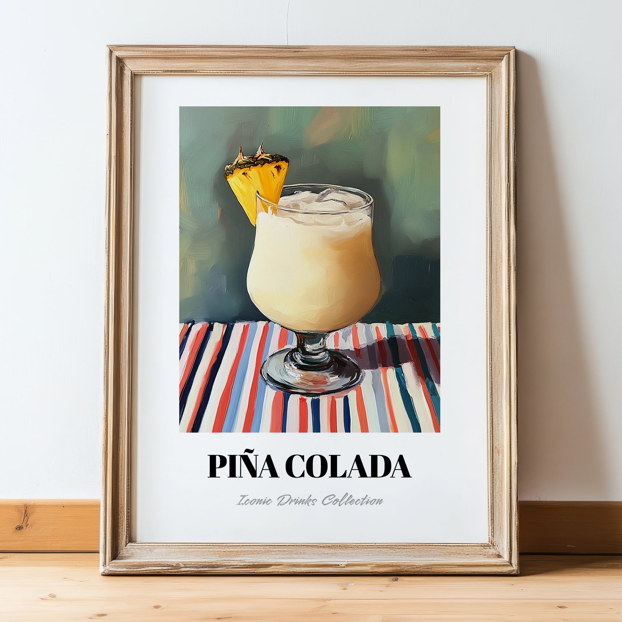 Piña Colada – on Striped Tablecloth, Puerto Rican Cocktail Wall Painting, in wooden frame leaning on the floor