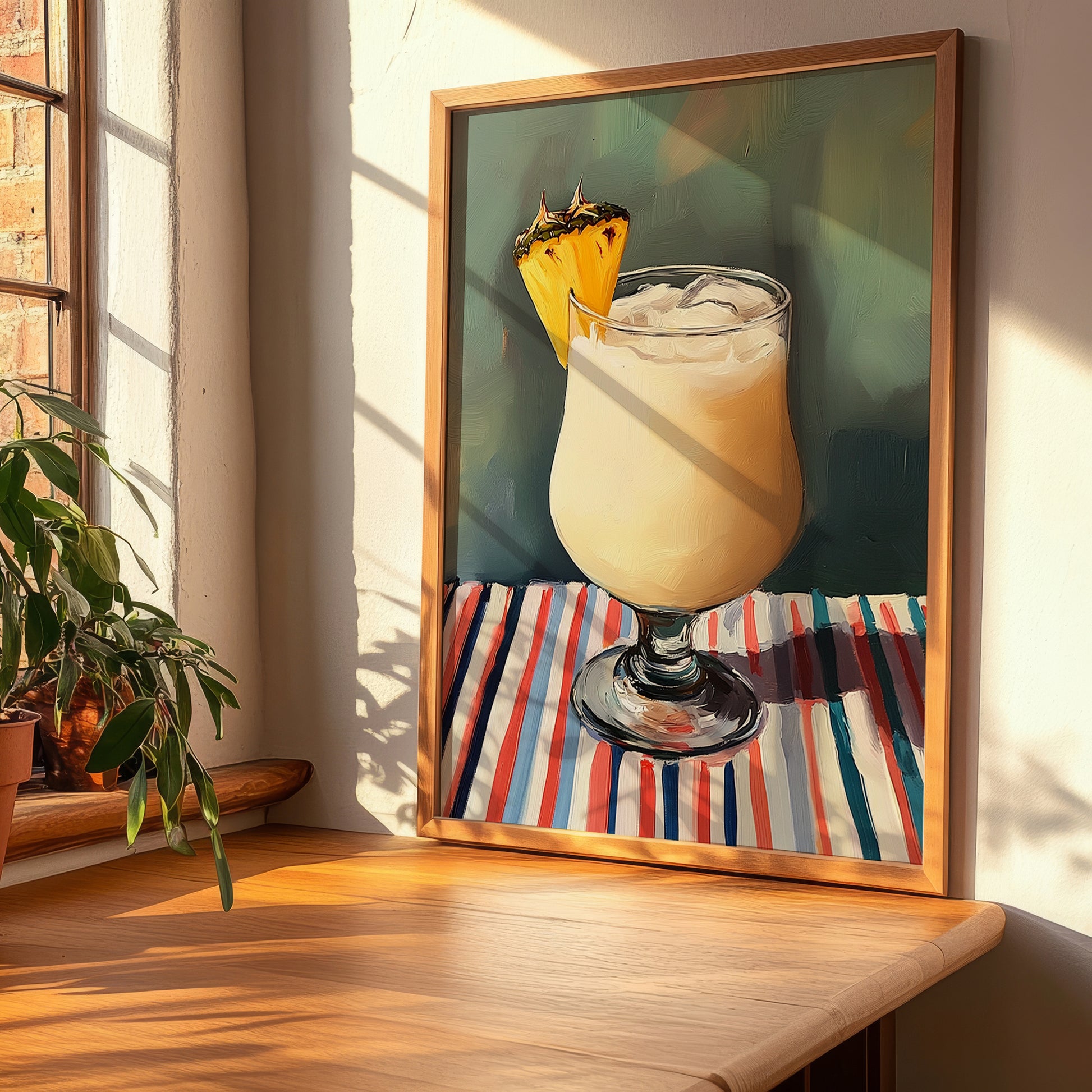 Piña Colada – on Striped Tablecloth, Puerto Rican Cocktail Wall Painting, clean layout with no caption