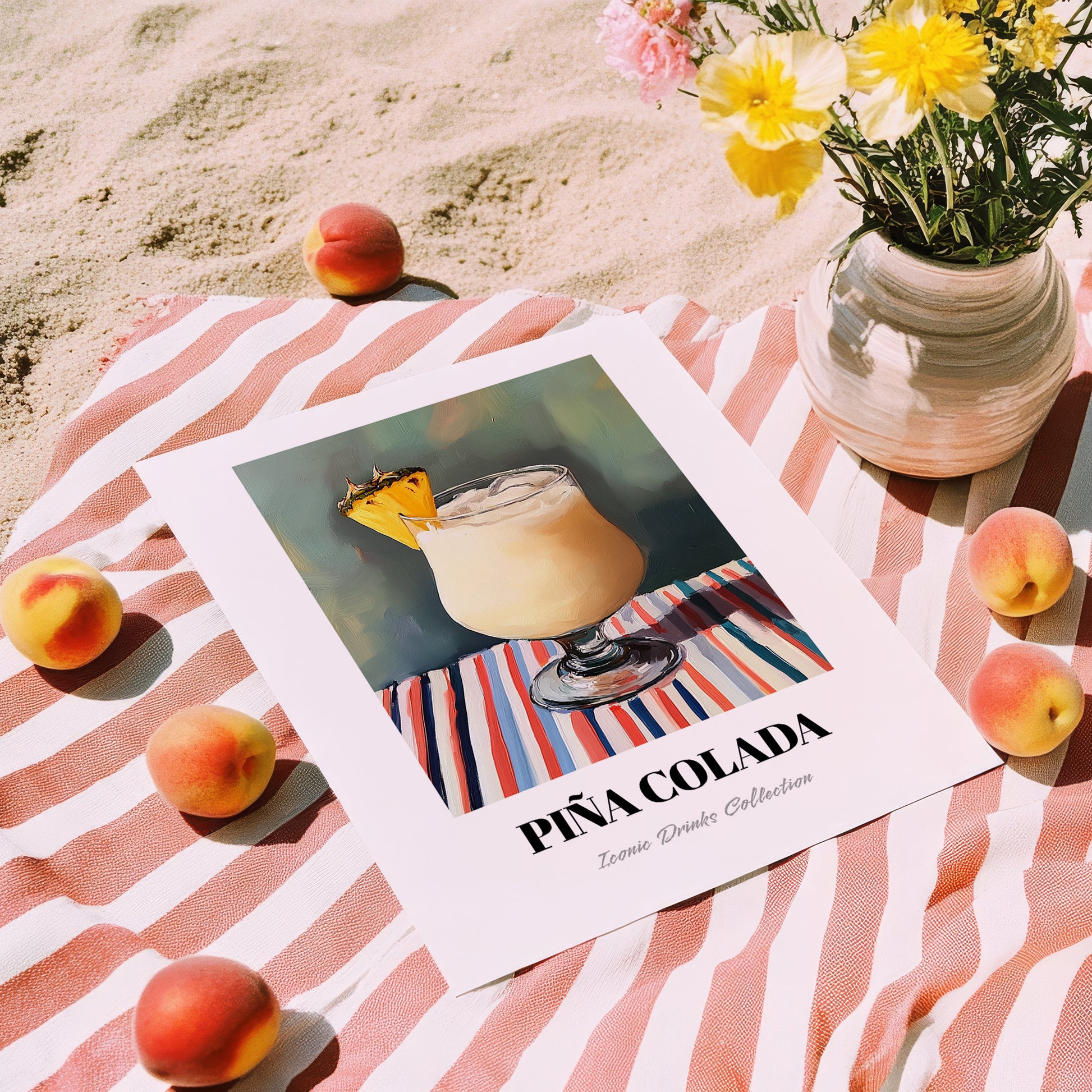 Piña Colada – on Striped Tablecloth, Puerto Rican Cocktail Wall Painting, unframed on coastal sand