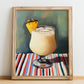 Piña Colada – on Striped Tablecloth, Puerto Rican Cocktail Wall Painting, no-text version framed in wood