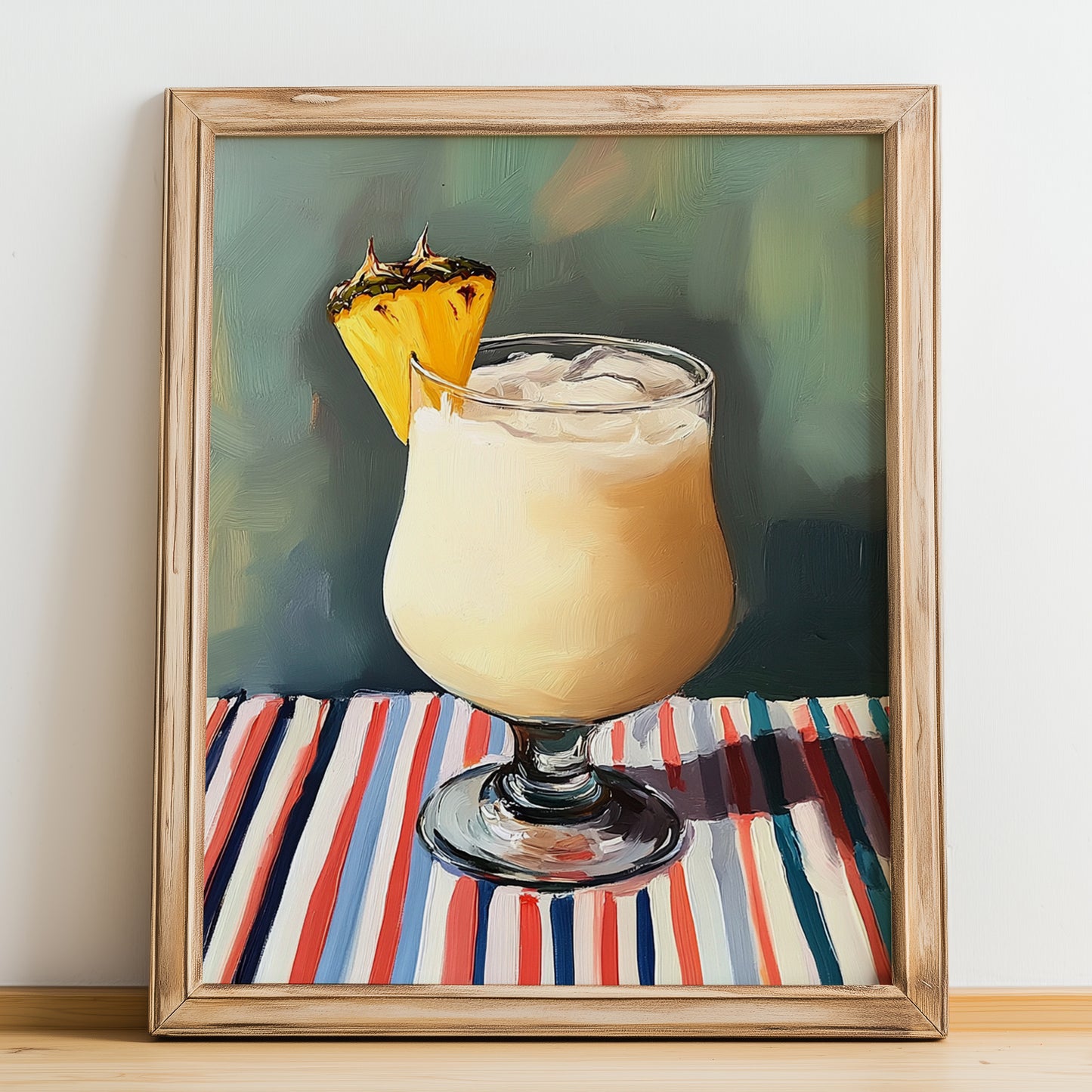 Piña Colada – on Striped Tablecloth, Puerto Rican Cocktail Wall Painting, no-text version framed in wood