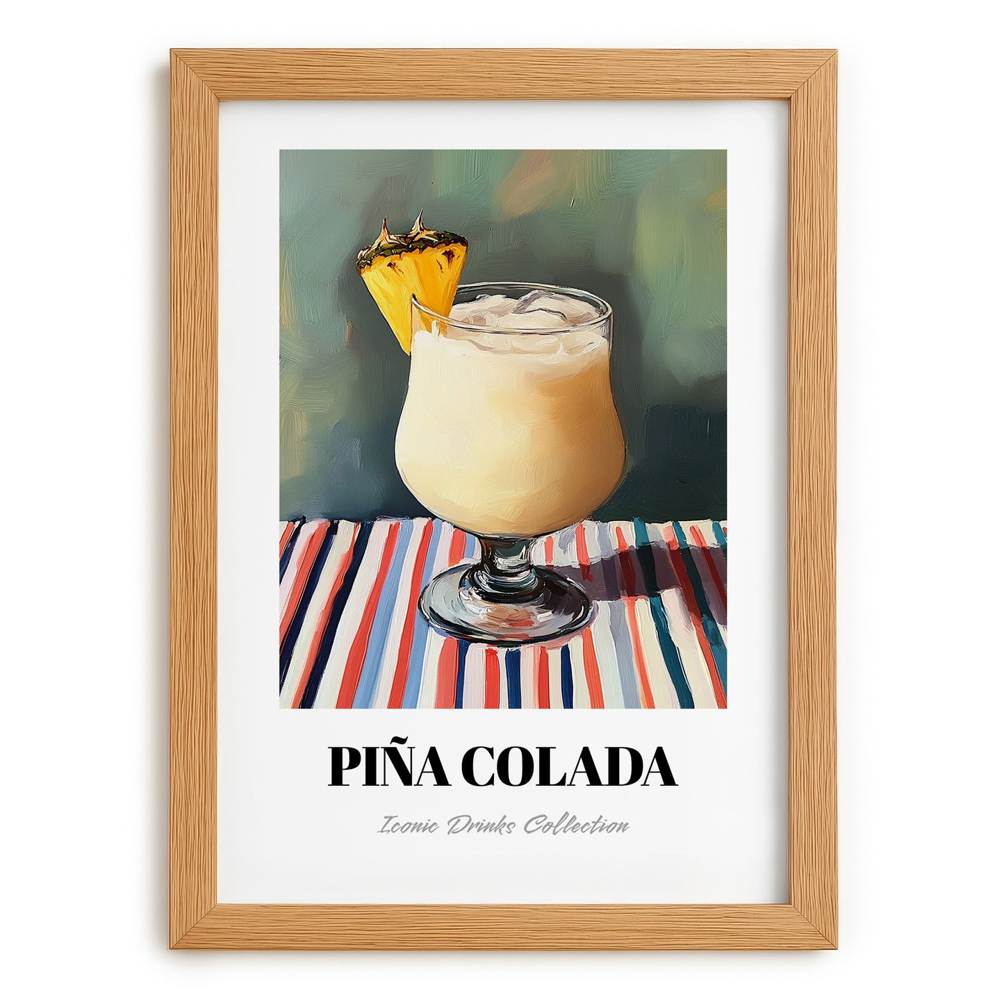 Piña Colada – on Striped Tablecloth, Puerto Rican Cocktail Wall Painting, set in oak frame