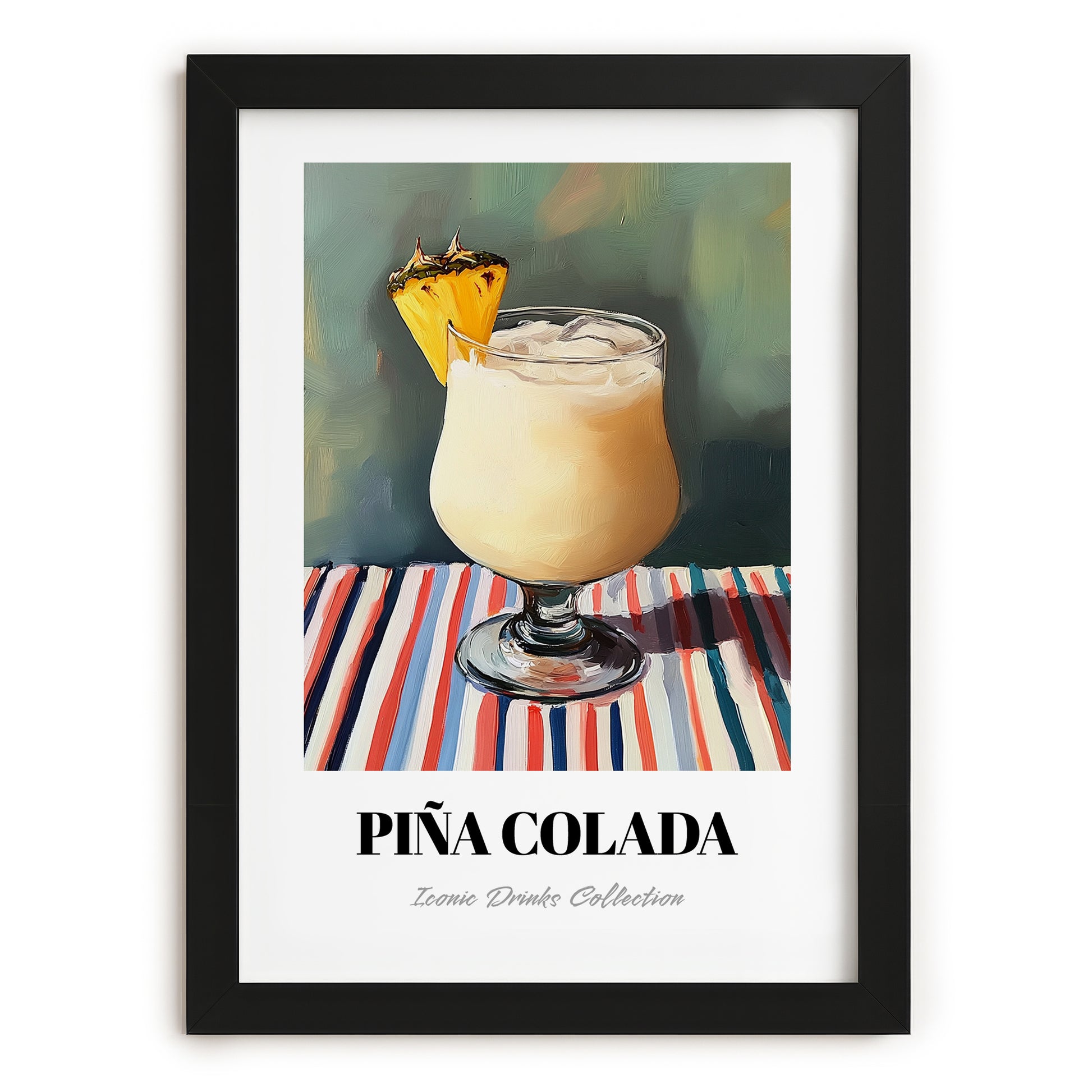 Piña Colada – on Striped Tablecloth, Puerto Rican Cocktail Wall Painting, in sleek black frame