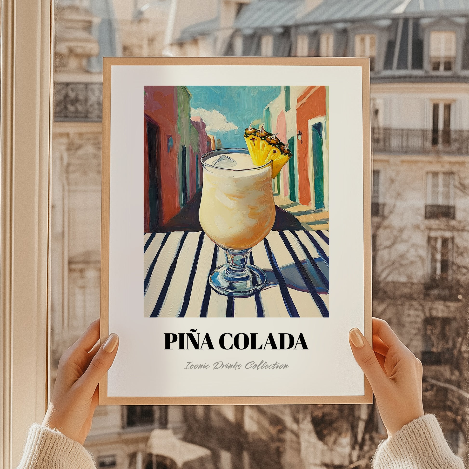 Piña Colada – Puerto Rican Urban Café Scene, Puerto Rican Spirit Wall Painting, styled in a charming Paris street view