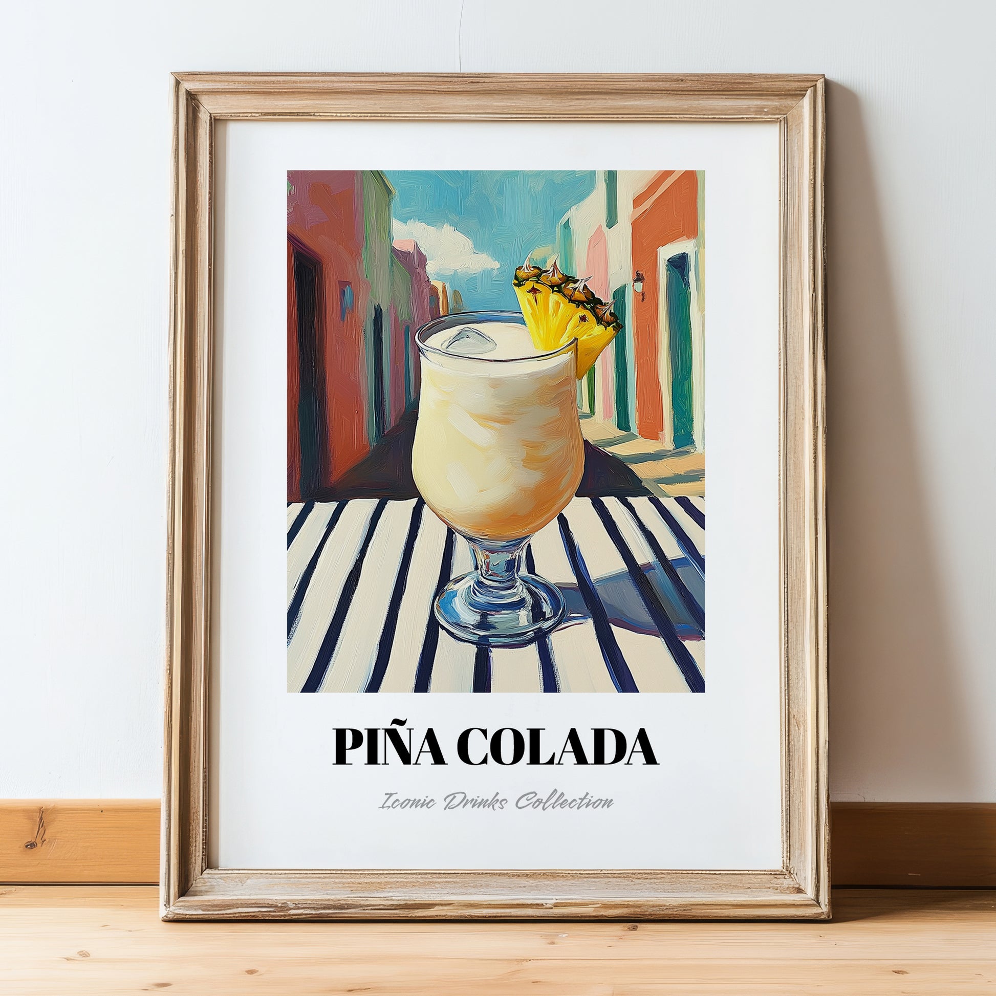 Piña Colada – Puerto Rican Urban Café Scene, Puerto Rican Spirit Wall Painting, in wooden frame leaning on the floor