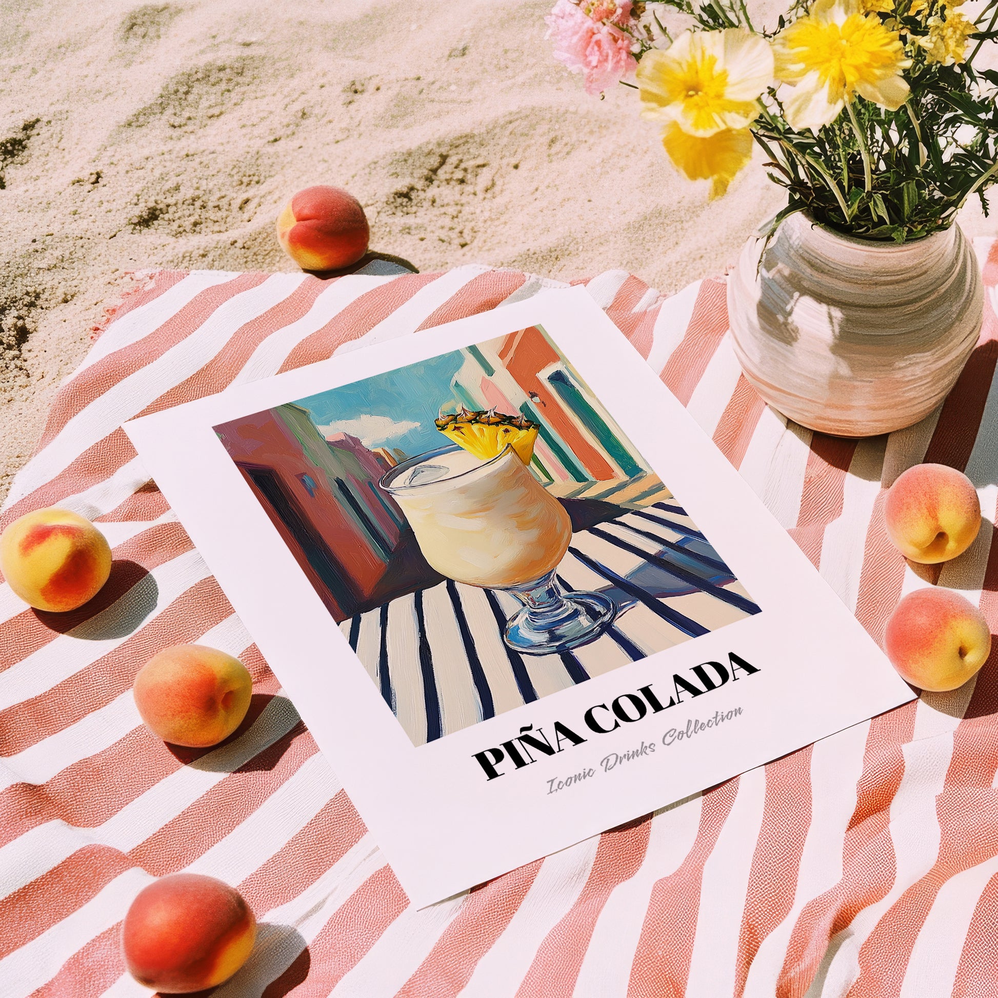 Piña Colada – Puerto Rican Urban Café Scene, Puerto Rican Spirit Wall Painting, unframed on coastal sand