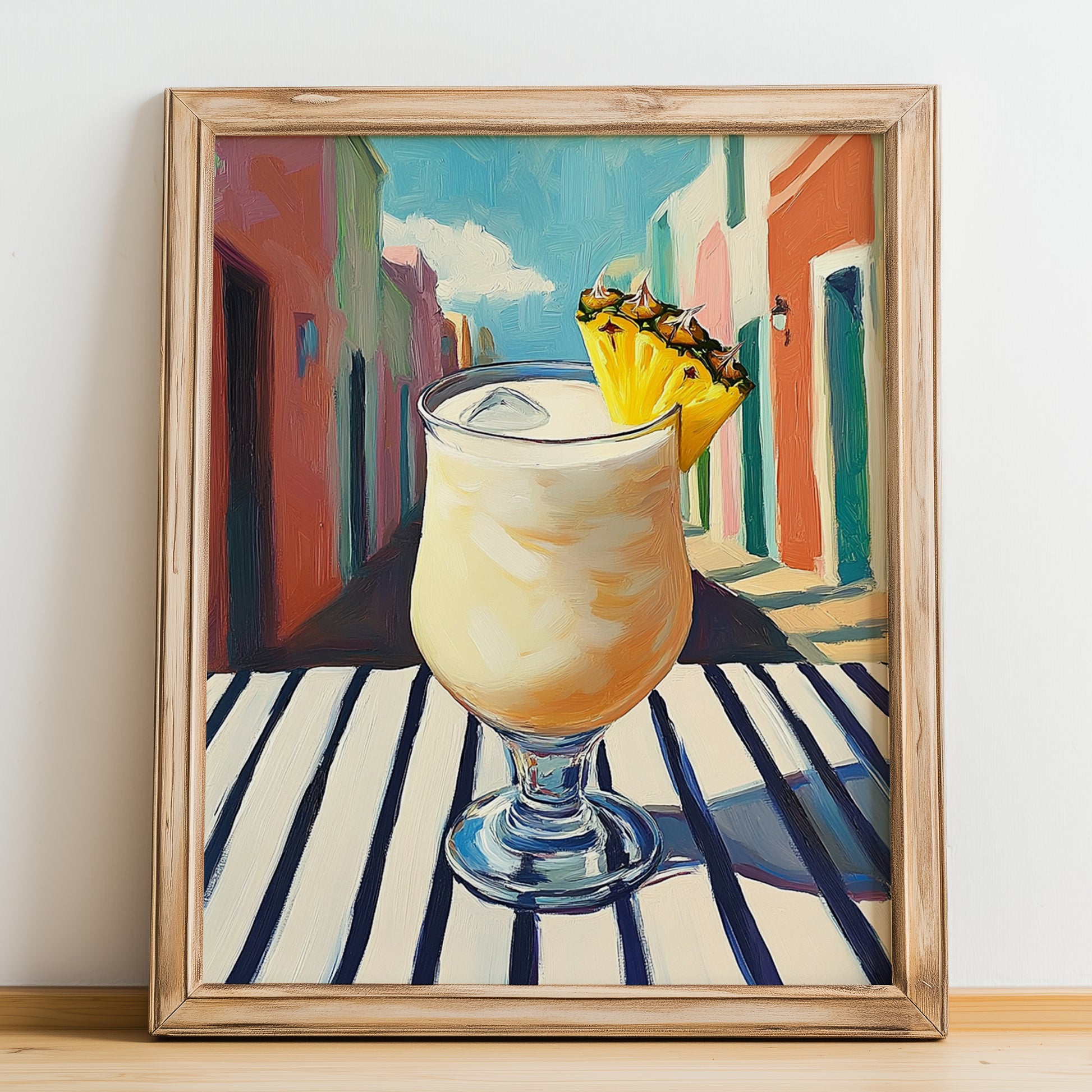 Piña Colada – Puerto Rican Urban Café Scene, Puerto Rican Spirit Wall Painting, no-text version framed in wood