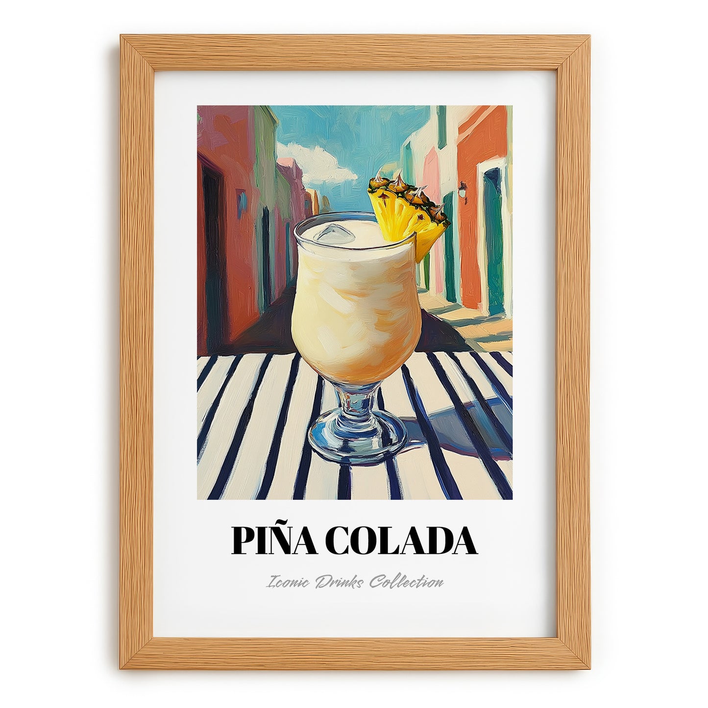 Piña Colada – Puerto Rican Urban Café Scene, Puerto Rican Spirit Wall Painting, set in oak frame