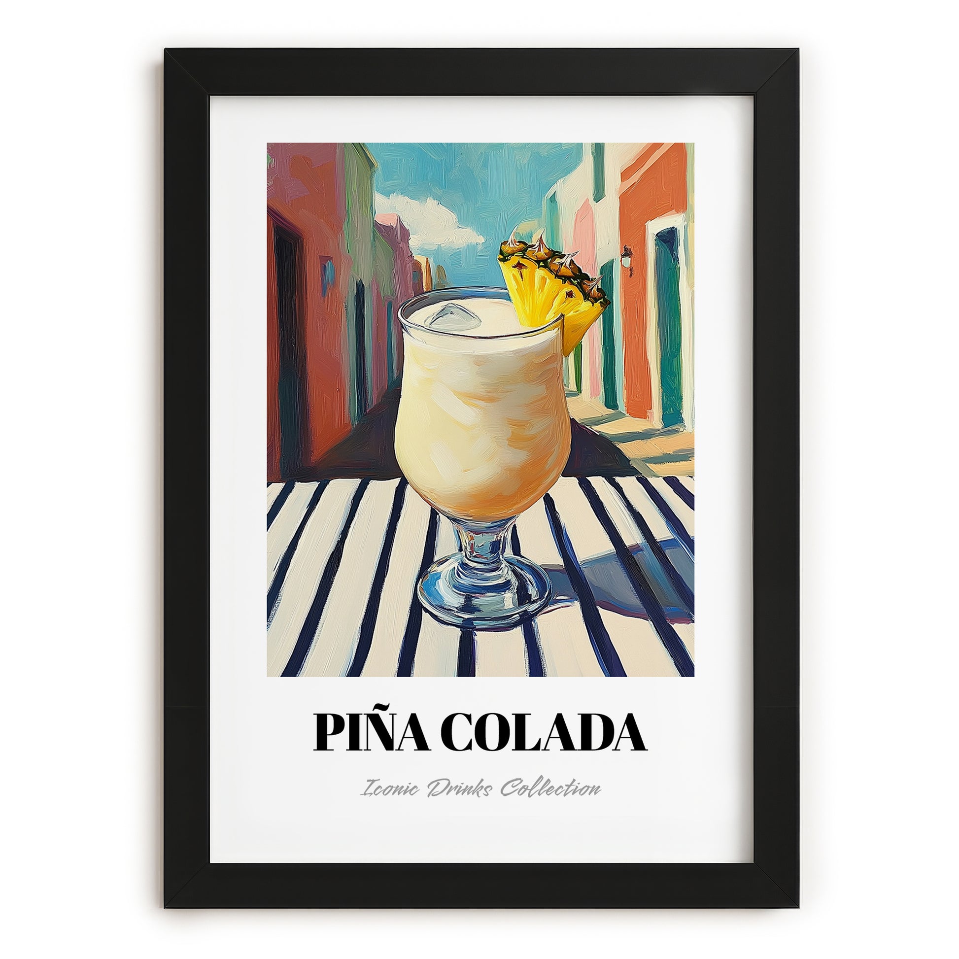 Piña Colada – Puerto Rican Urban Café Scene, Puerto Rican Spirit Wall Painting, in sleek black frame