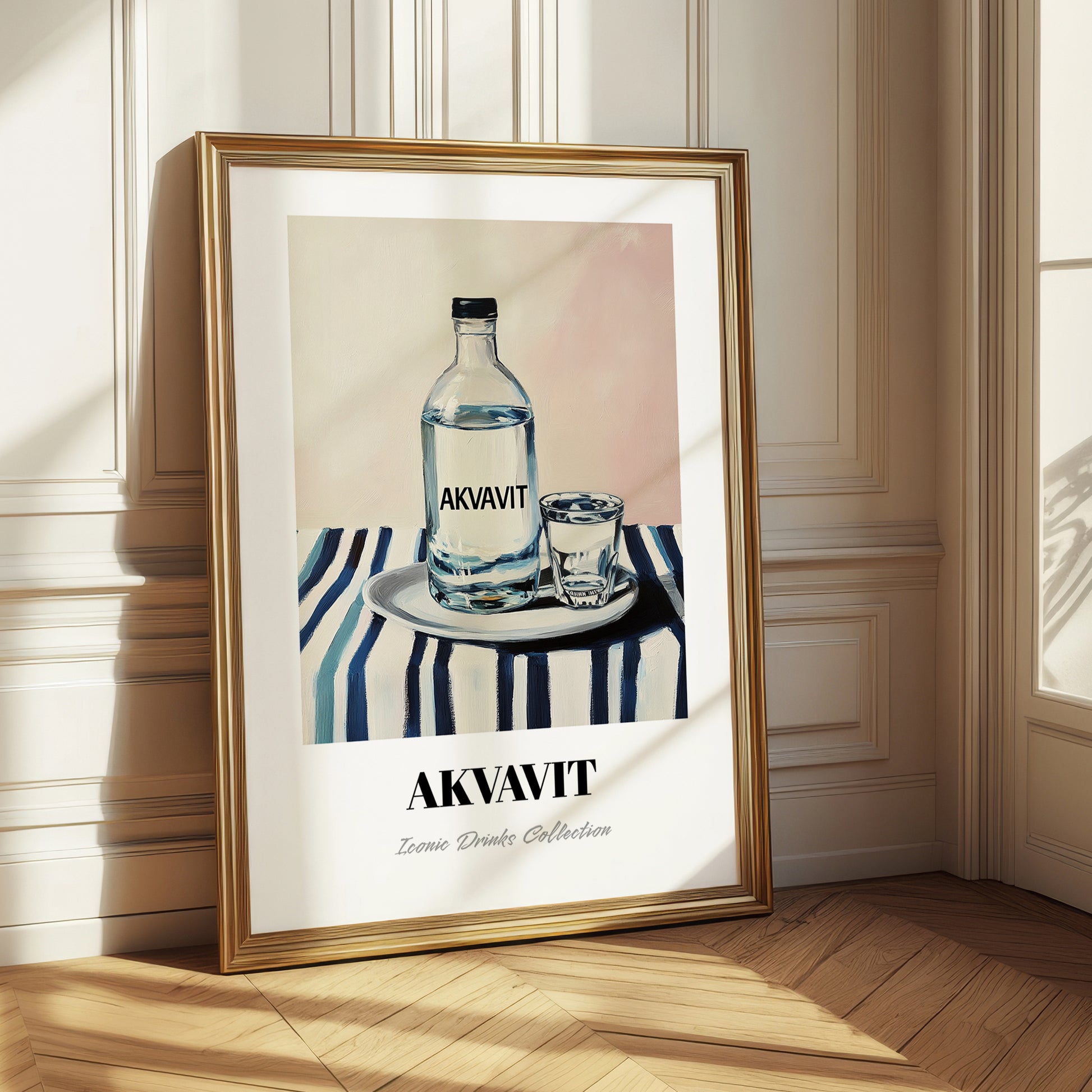 Akvavit – on Striped Tablecloth, Danish Spirit Poster