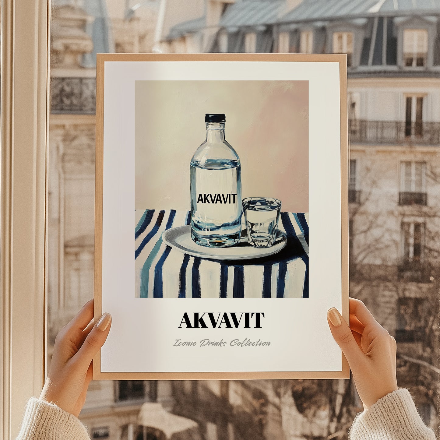 Akvavit – on Striped Tablecloth, Danish Spirit Poster, styled in a charming Paris street view