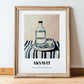Akvavit – on Striped Tablecloth, Danish Spirit Poster, in wooden frame leaning on the floor