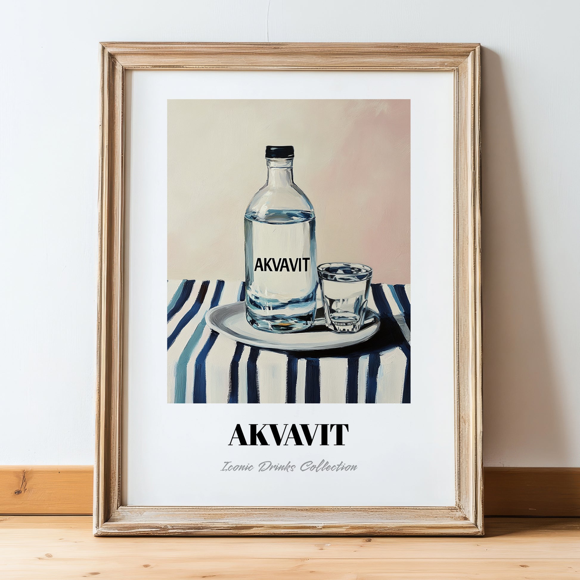 Akvavit – on Striped Tablecloth, Danish Spirit Poster, in wooden frame leaning on the floor