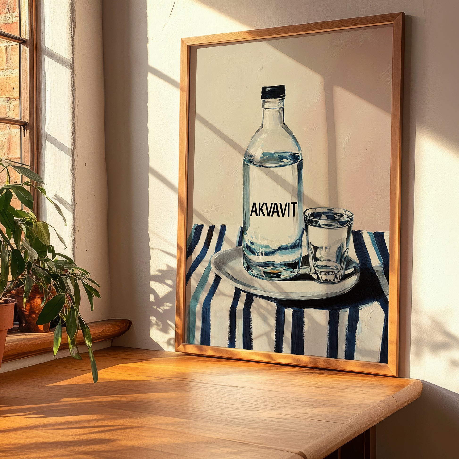 Akvavit – on Striped Tablecloth, Danish Spirit Poster, clean layout with no caption