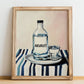 Akvavit – on Striped Tablecloth, Danish Spirit Poster, no-text version framed in wood