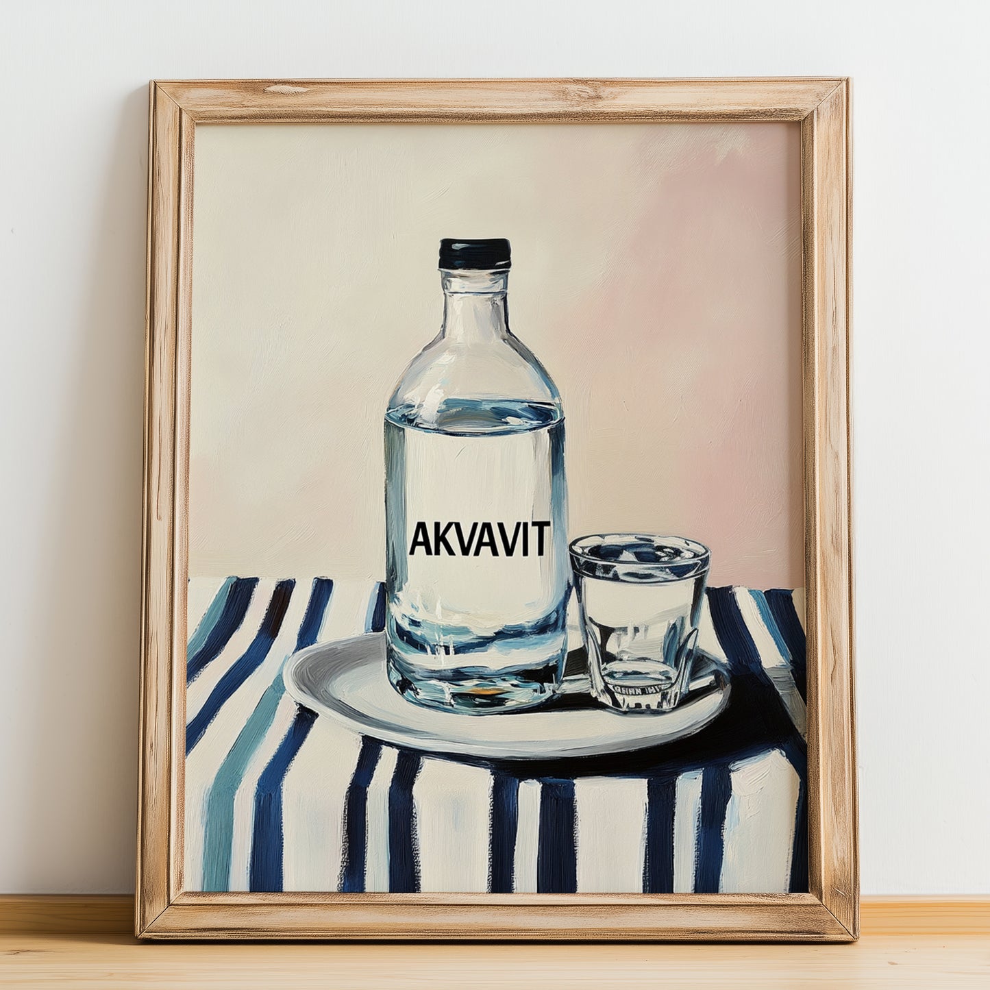 Akvavit – on Striped Tablecloth, Danish Spirit Poster, no-text version framed in wood