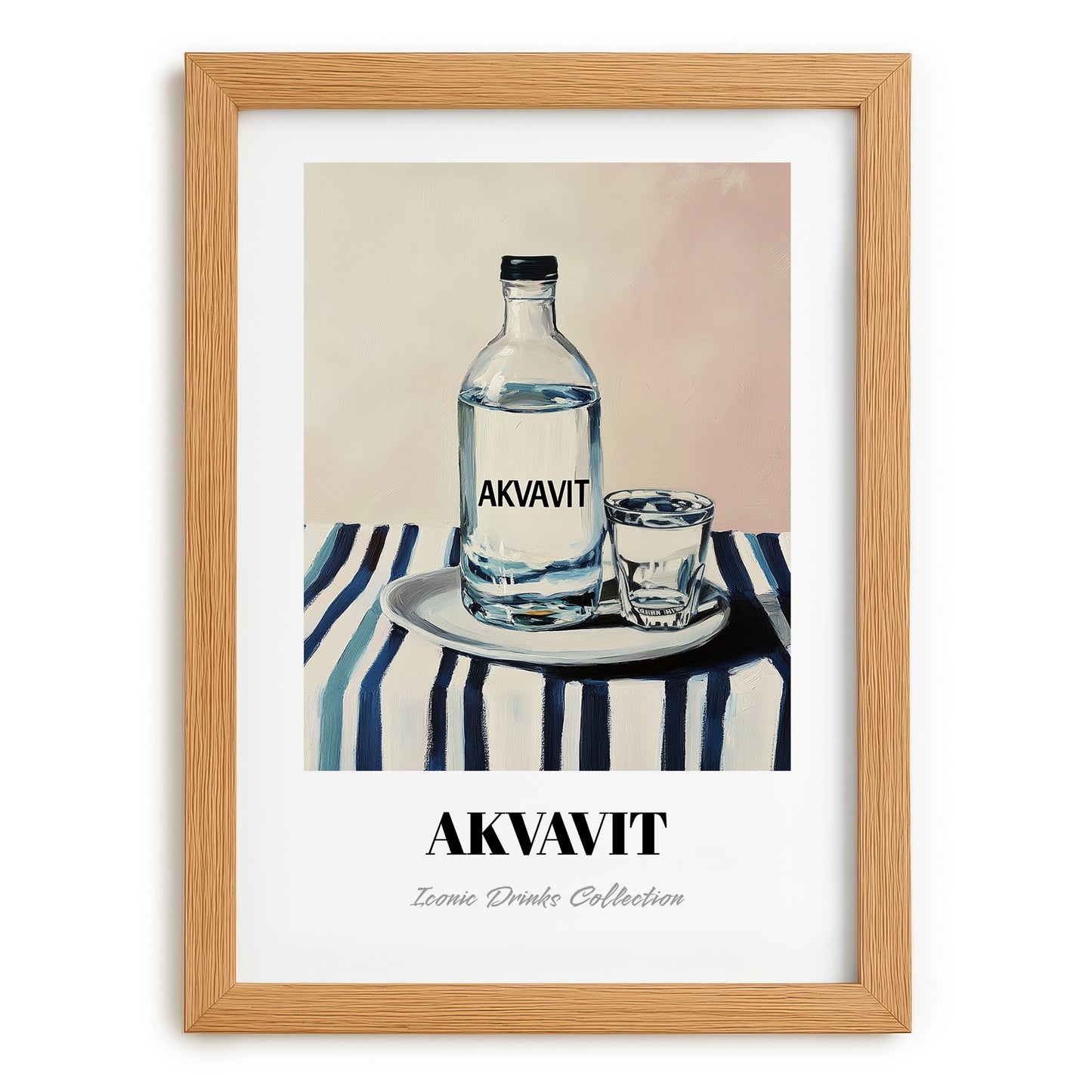 Akvavit – on Striped Tablecloth, Danish Spirit Poster, set in oak frame
