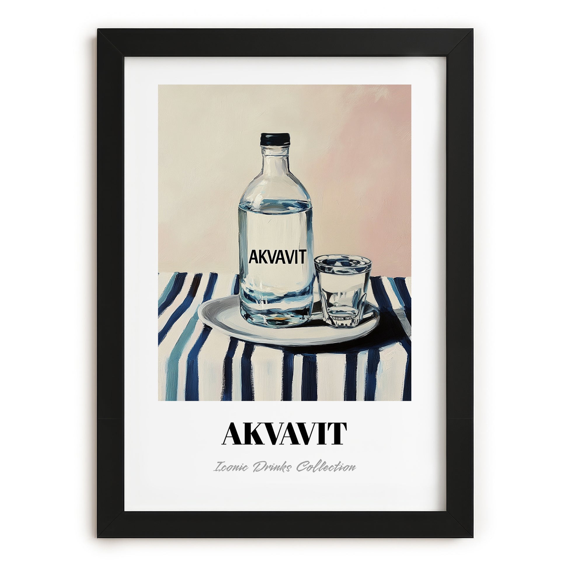 Akvavit – on Striped Tablecloth, Danish Spirit Poster, in sleek black frame