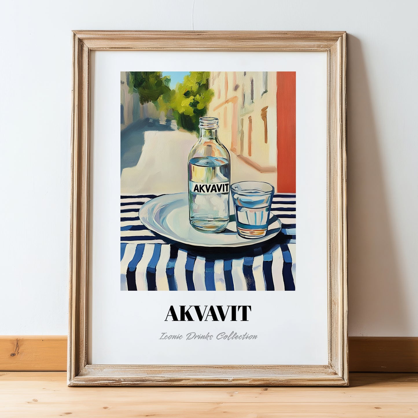 Akvavit – Danish Café on the Corner, Danish Spirit Still Life, in wooden frame leaning on the floor
