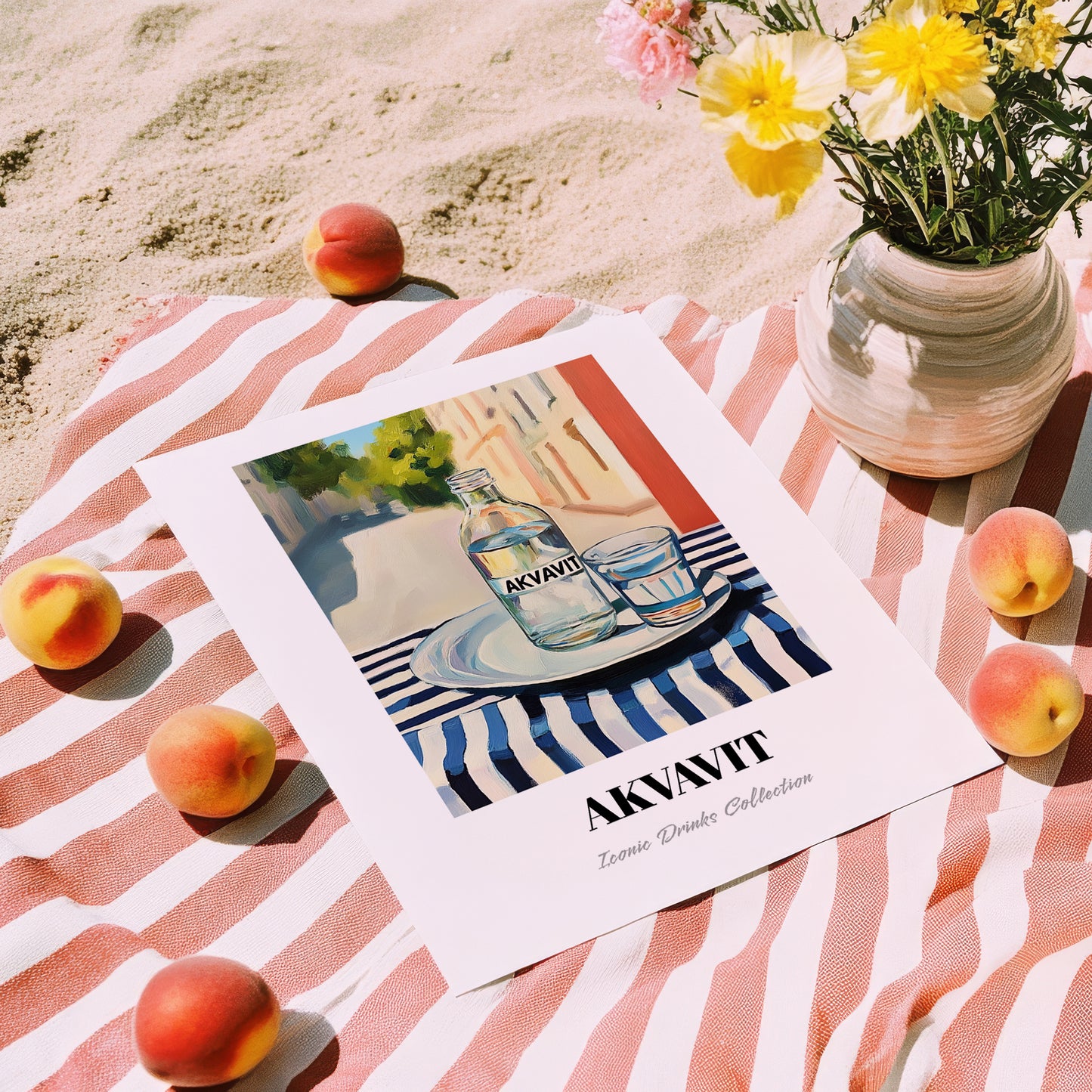 Akvavit – Danish Café on the Corner, Danish Spirit Still Life, unframed on coastal sand