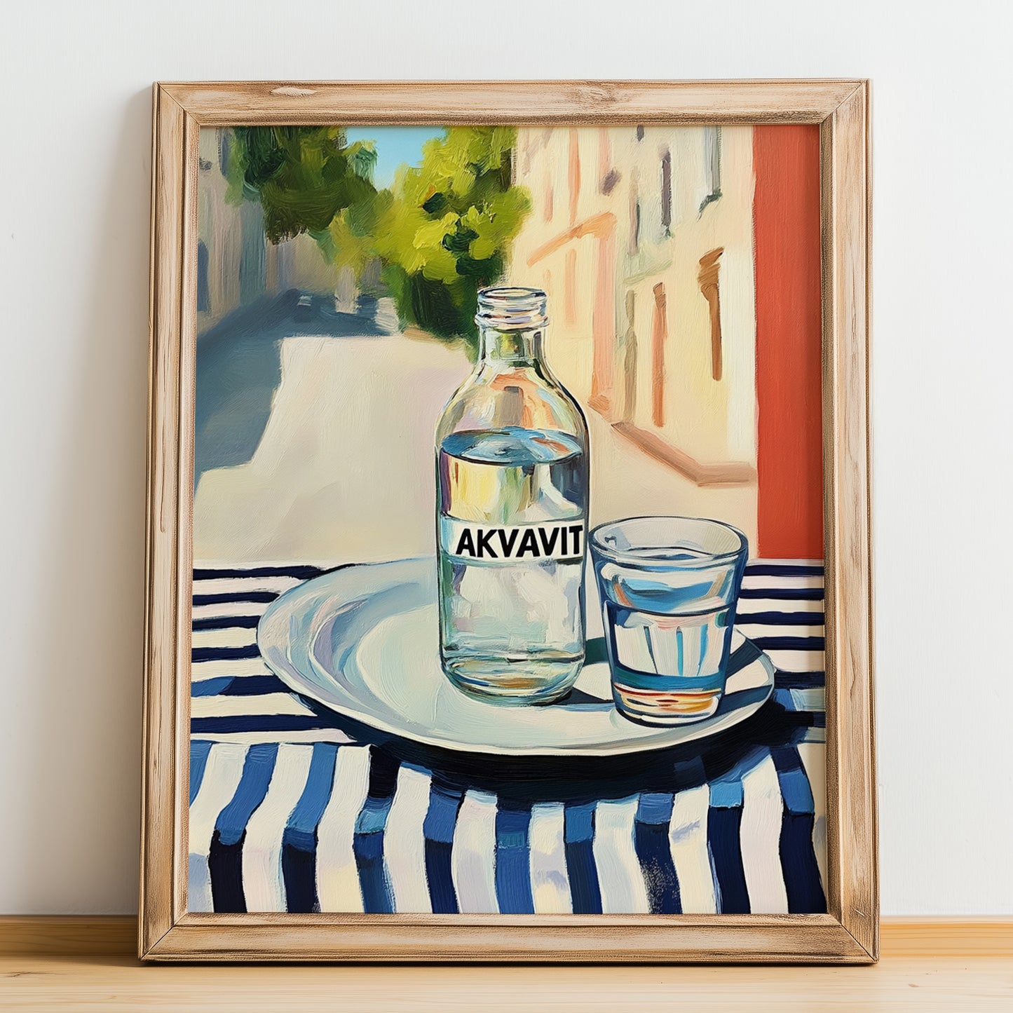 Akvavit – Danish Café on the Corner, Danish Spirit Still Life, no-text version framed in wood