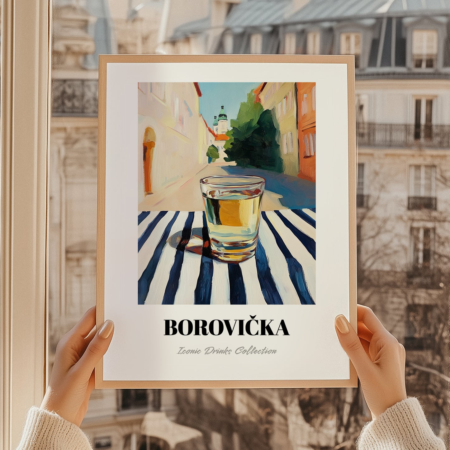 Borovička – Slovak Urban Café Scene, Slovak Spirit Illustration, styled in a charming Paris street view