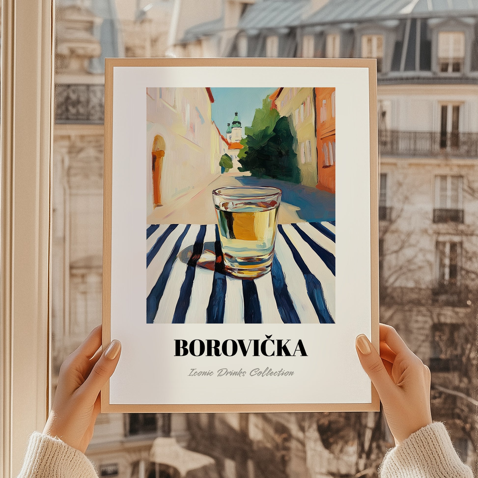 Borovička – Slovak Urban Café Scene, Slovak Spirit Illustration, styled in a charming Paris street view