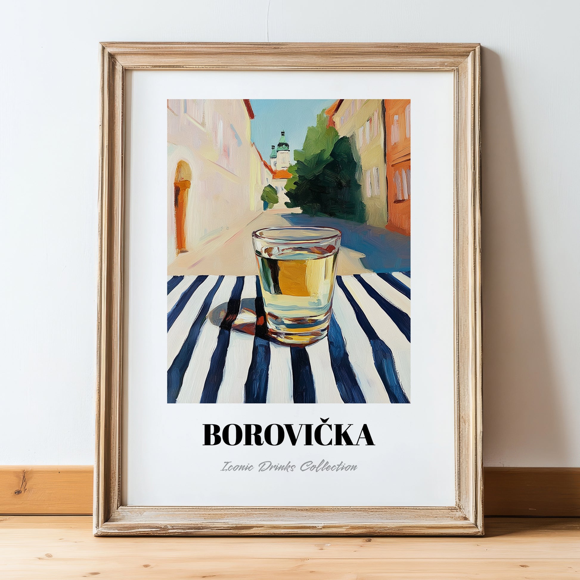 Borovička – Slovak Urban Café Scene, Slovak Spirit Illustration, in wooden frame leaning on the floor