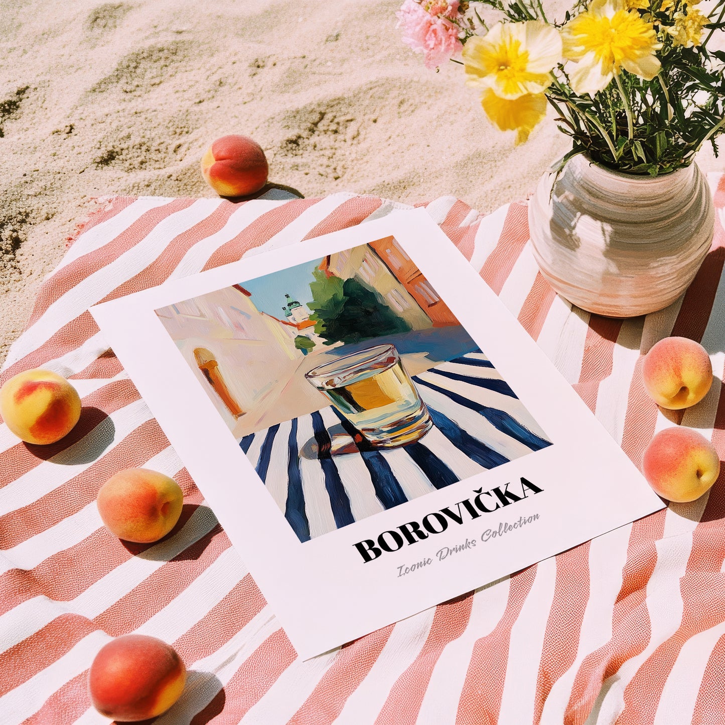 Borovička – Slovak Urban Café Scene, Slovak Spirit Illustration, unframed on coastal sand
