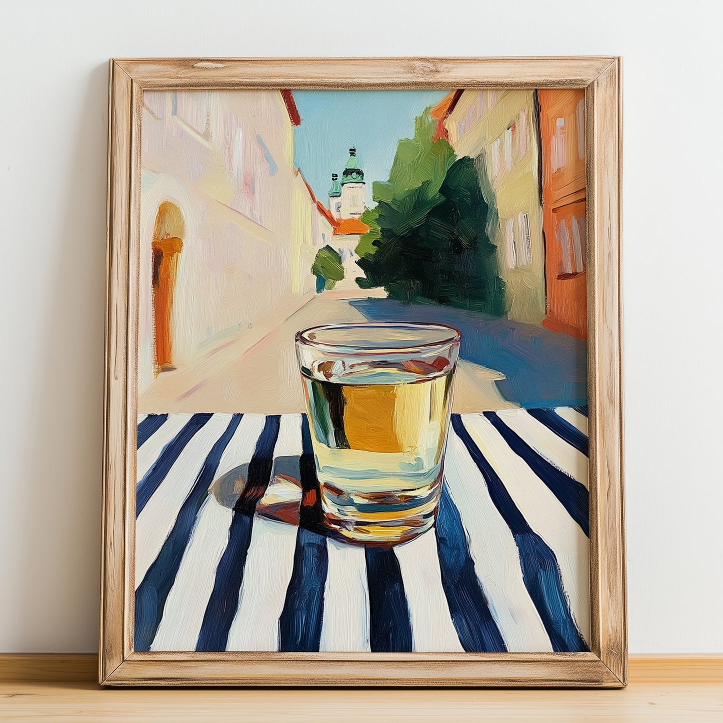 Borovička – Slovak Urban Café Scene, Slovak Spirit Illustration, no-text version framed in wood