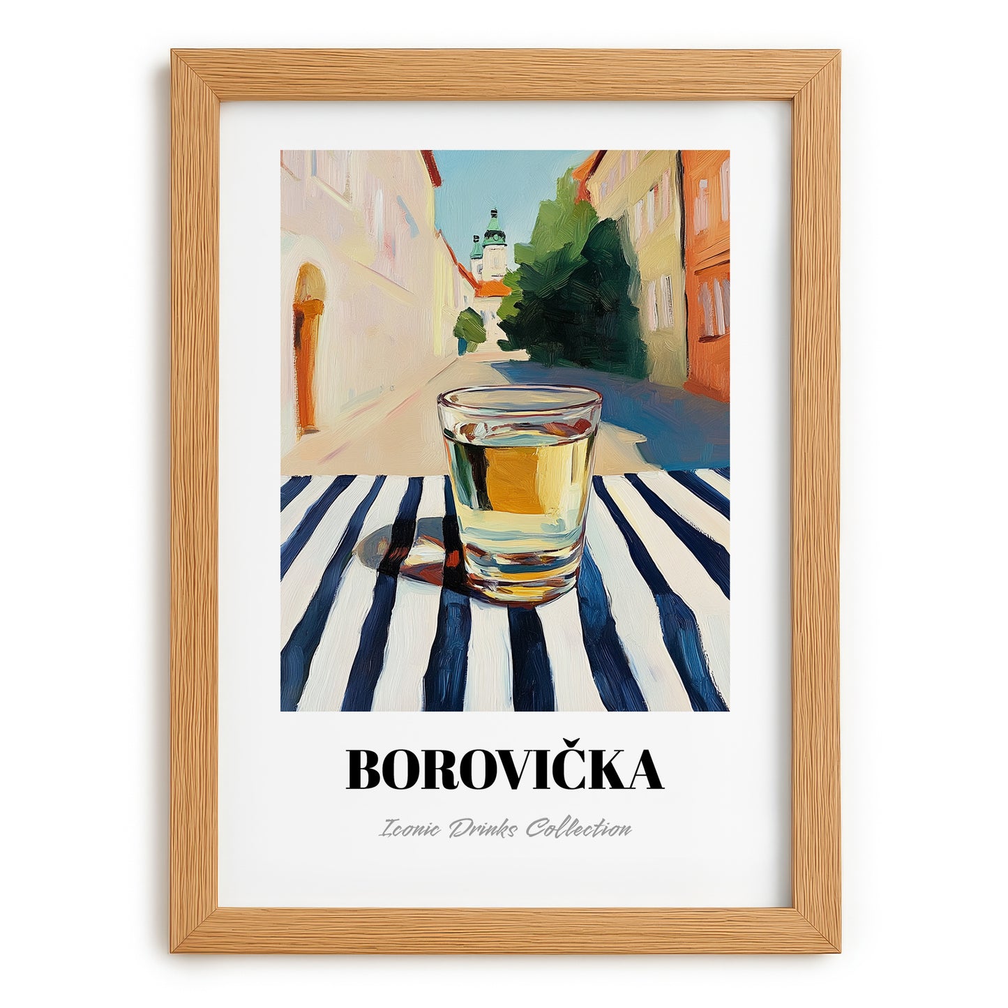 Borovička – Slovak Urban Café Scene, Slovak Spirit Illustration, set in oak frame