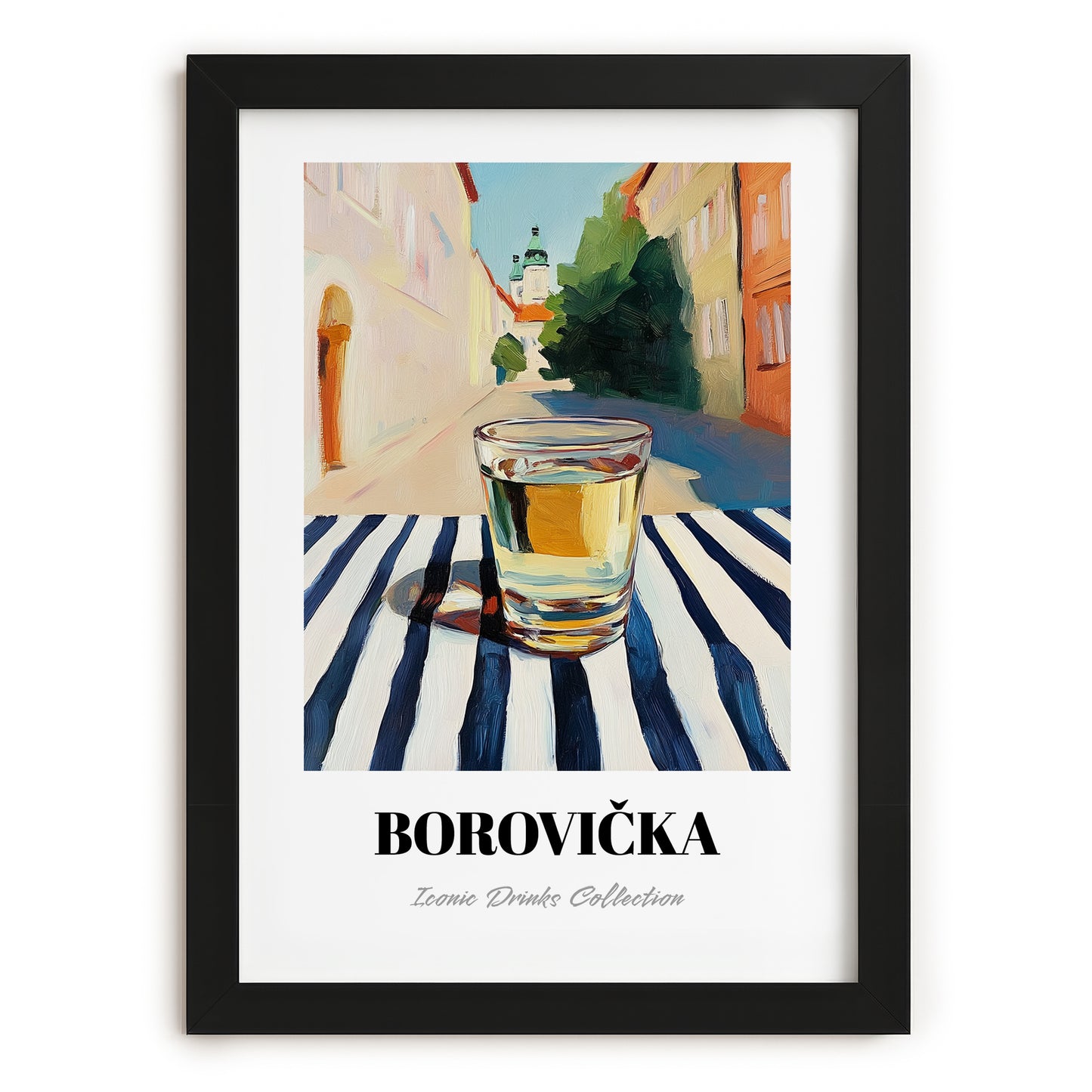 Borovička – Slovak Urban Café Scene, Slovak Spirit Illustration, in sleek black frame