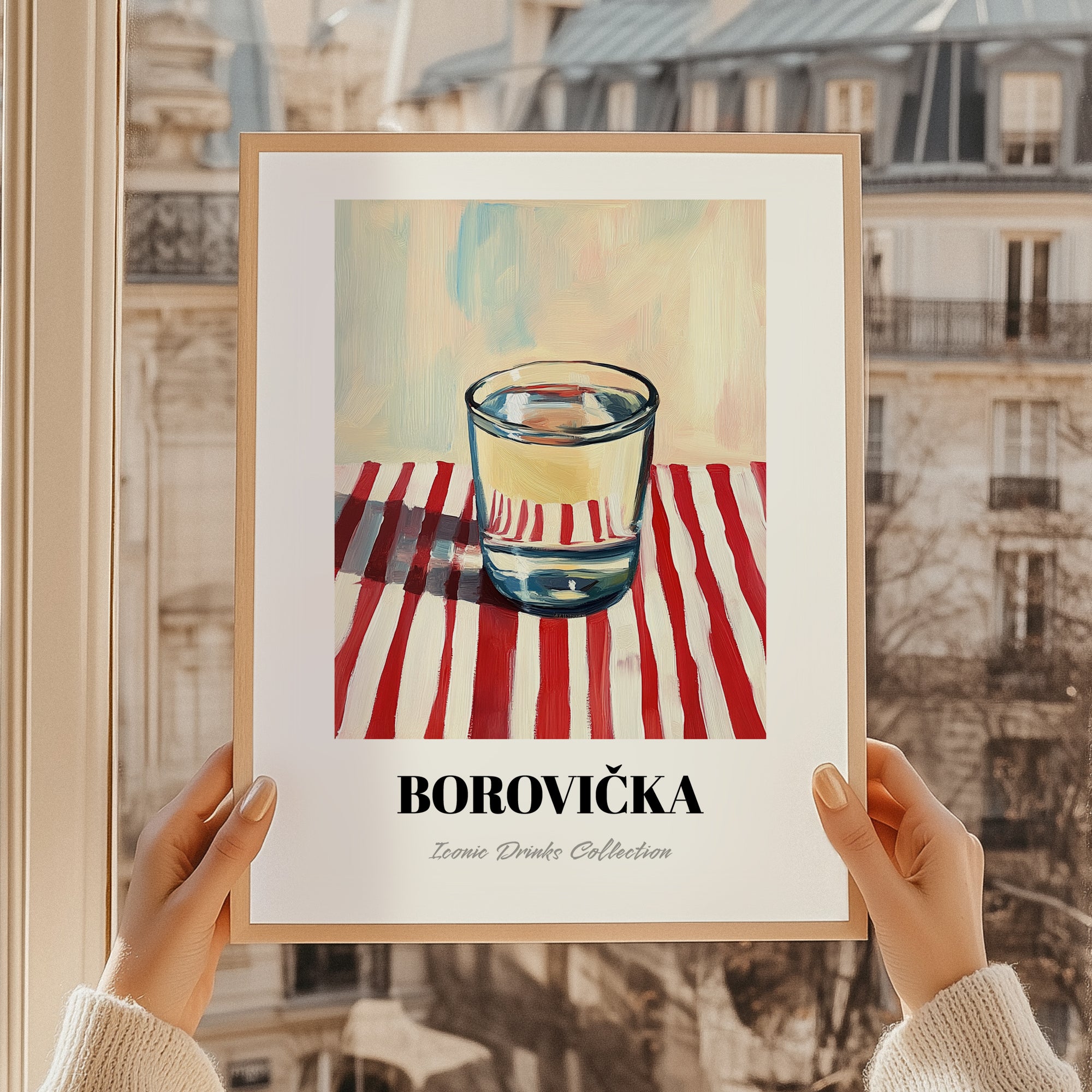 Borovička – on Striped Tablecloth, Slovak Beverage Poster, styled in a charming Paris street view